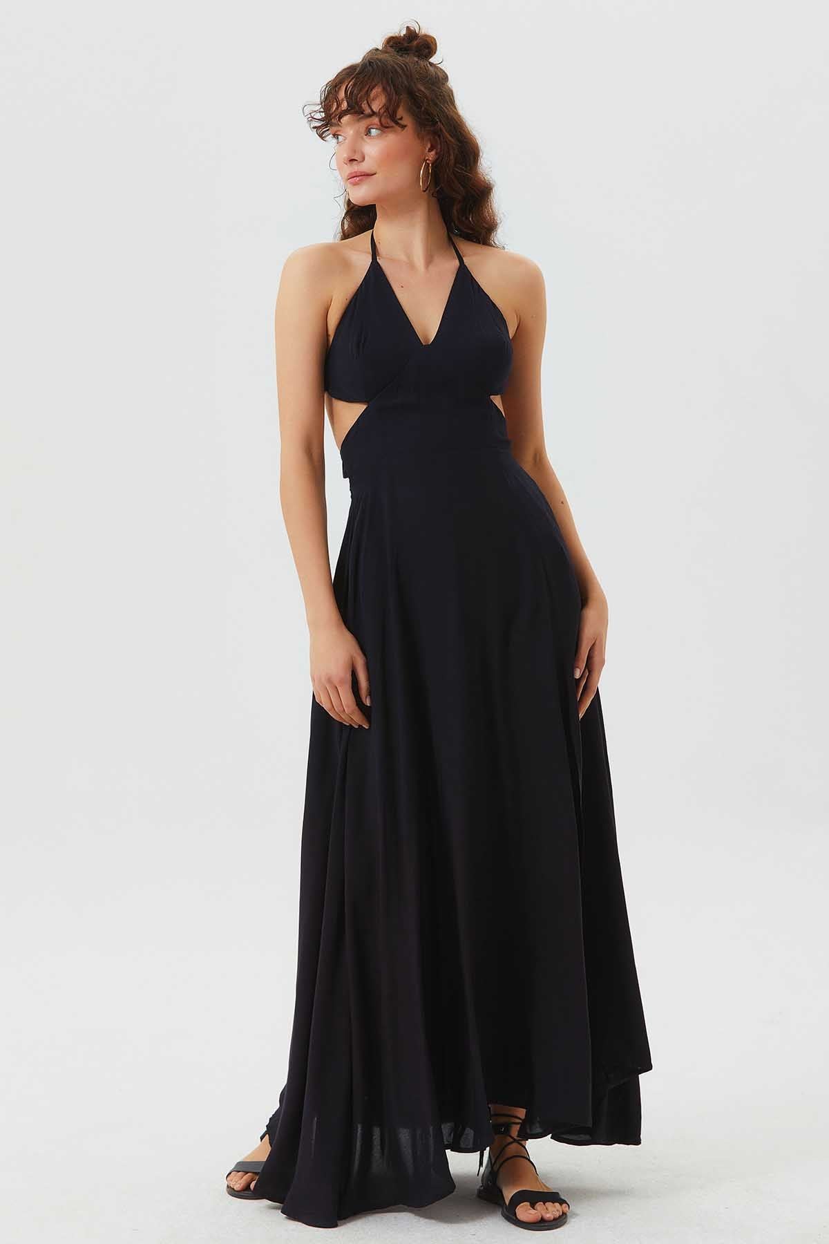 Deep Side Slit Maxi Bohemian Dress Black