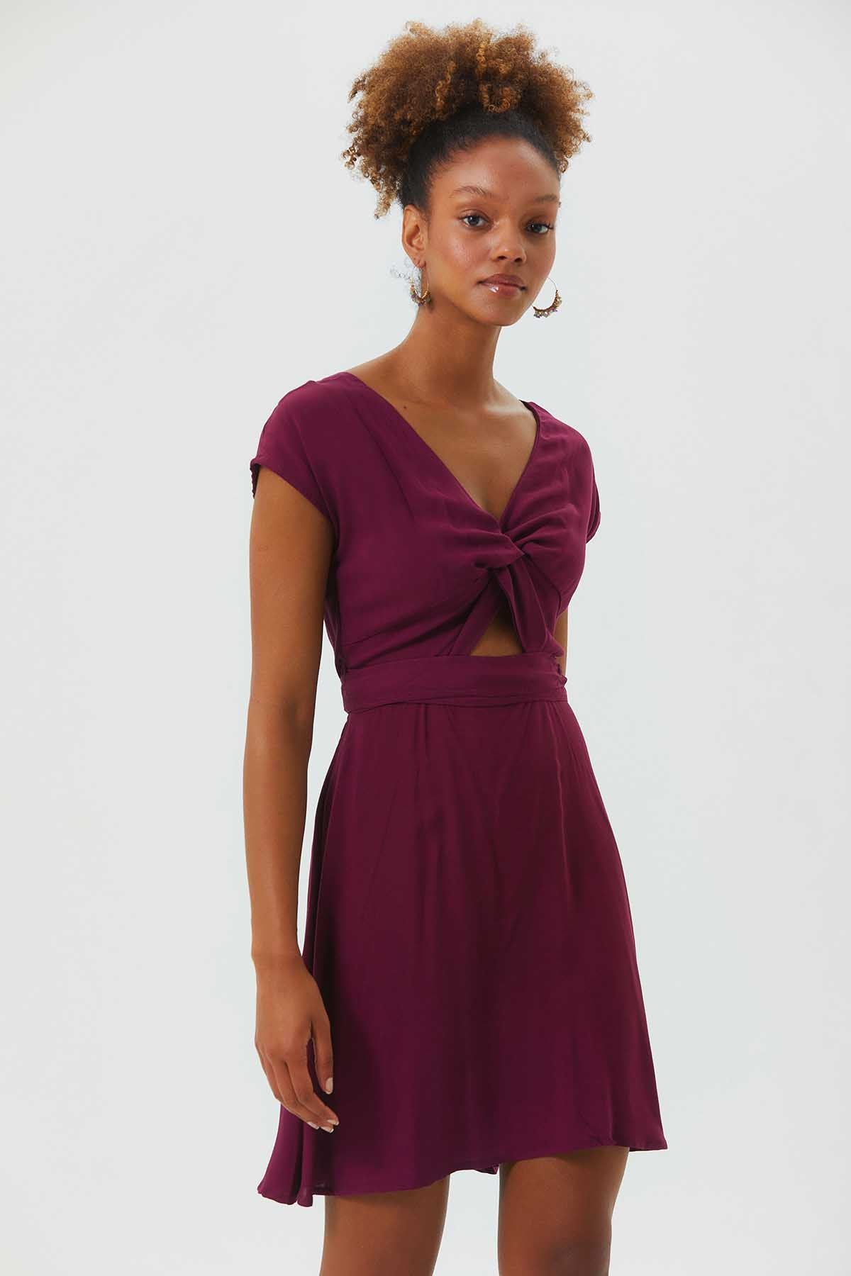 V Neck Low Sleeve Short Dress Purple