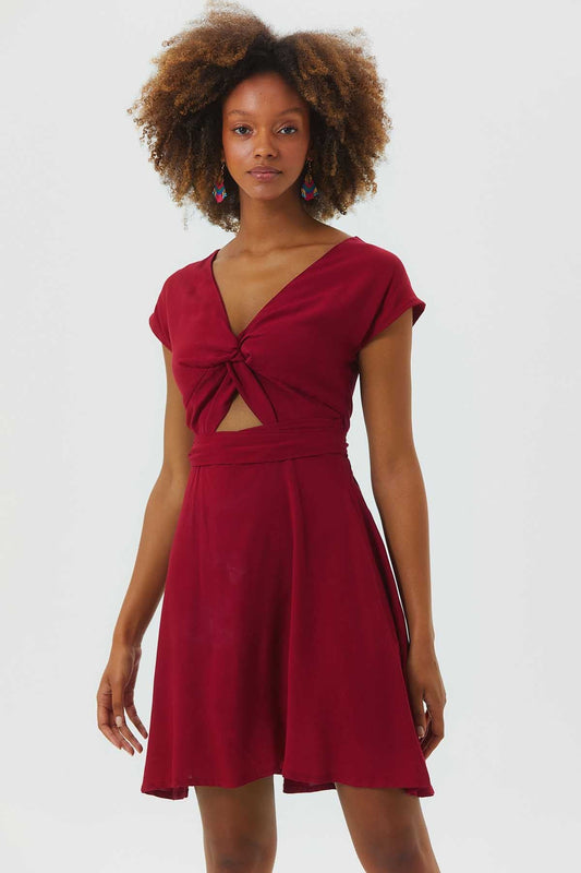 V Neck Low Sleeve Short Dress Dark Red