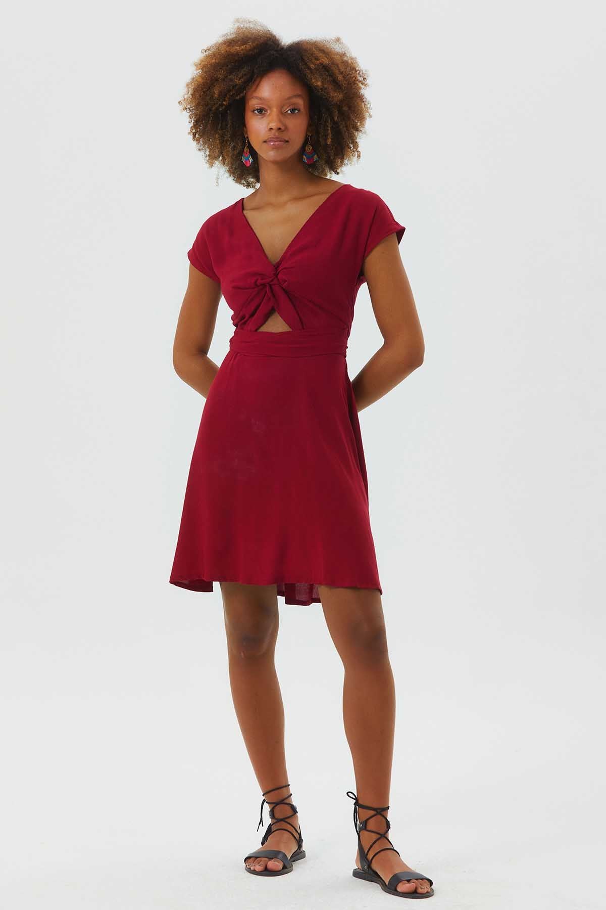 V Neck Low Sleeve Short Dress Dark Red