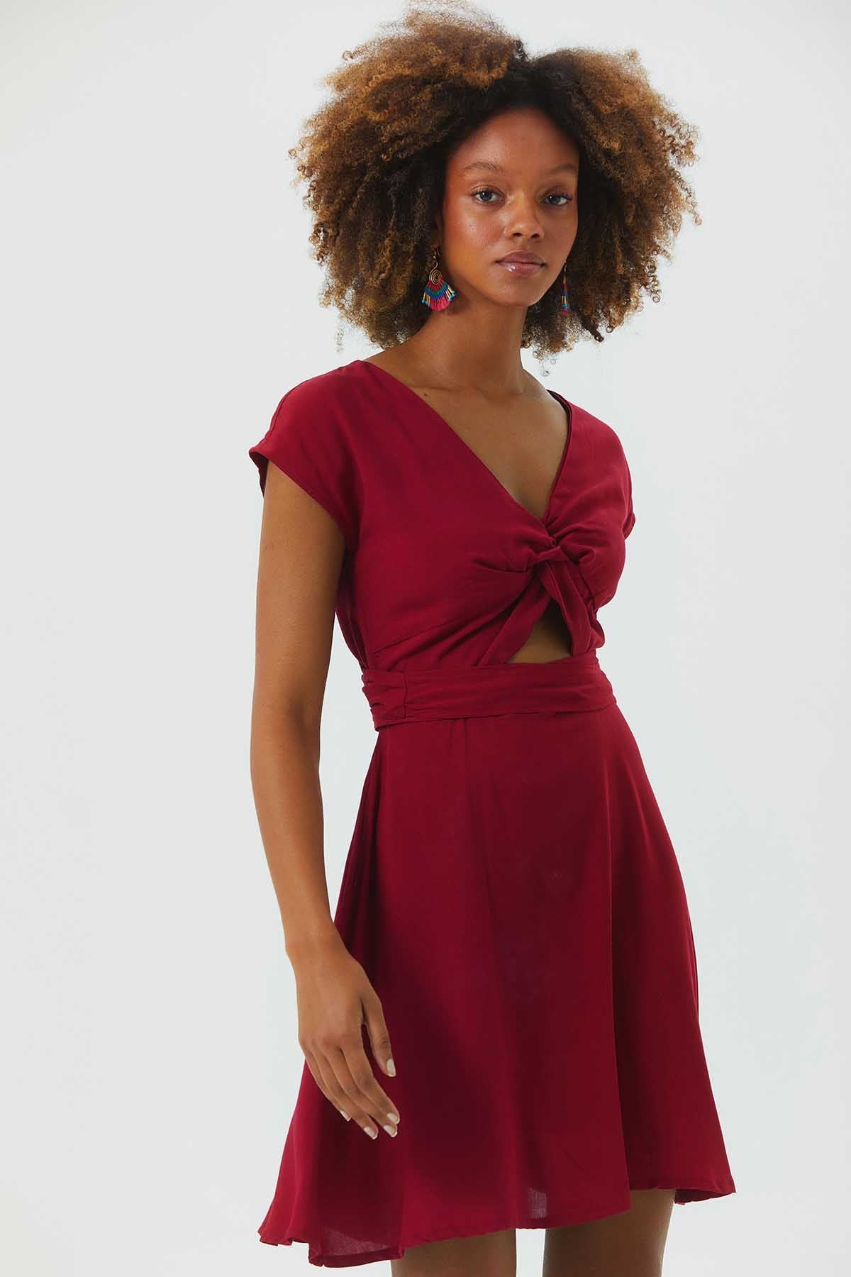 V Neck Low Sleeve Short Dress Dark Red