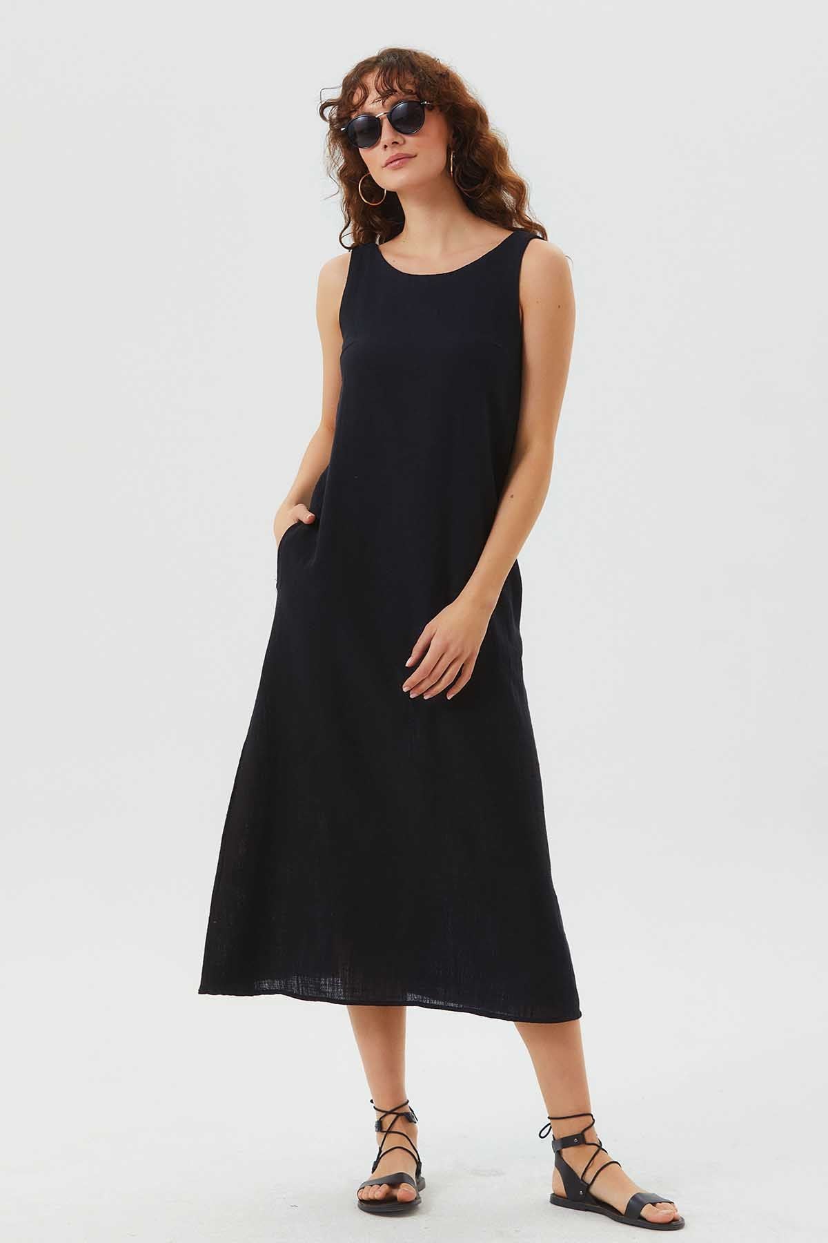 Round Neck Boho Shift Dress with Tie Closure Black