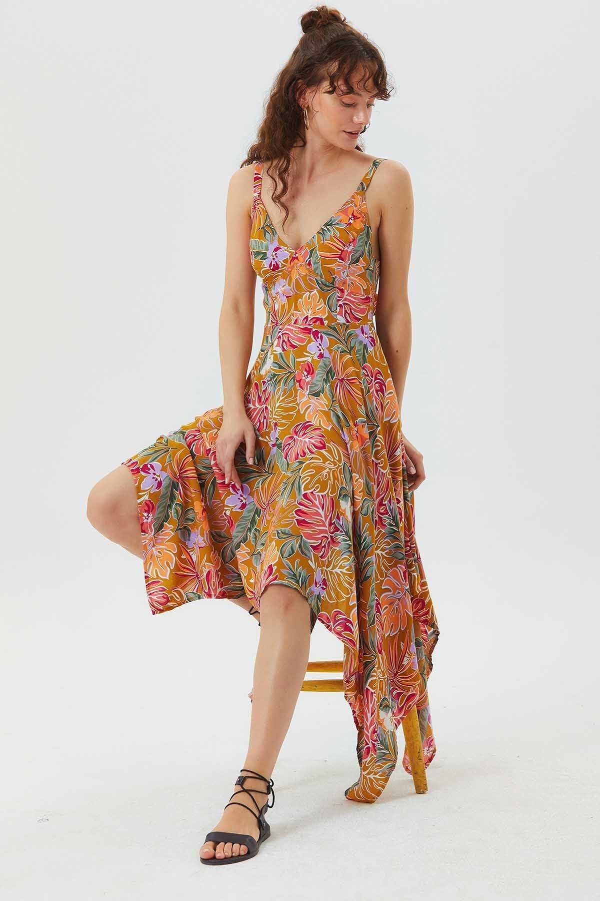 V Neck Asymmetric Bohemian Dress Mustard