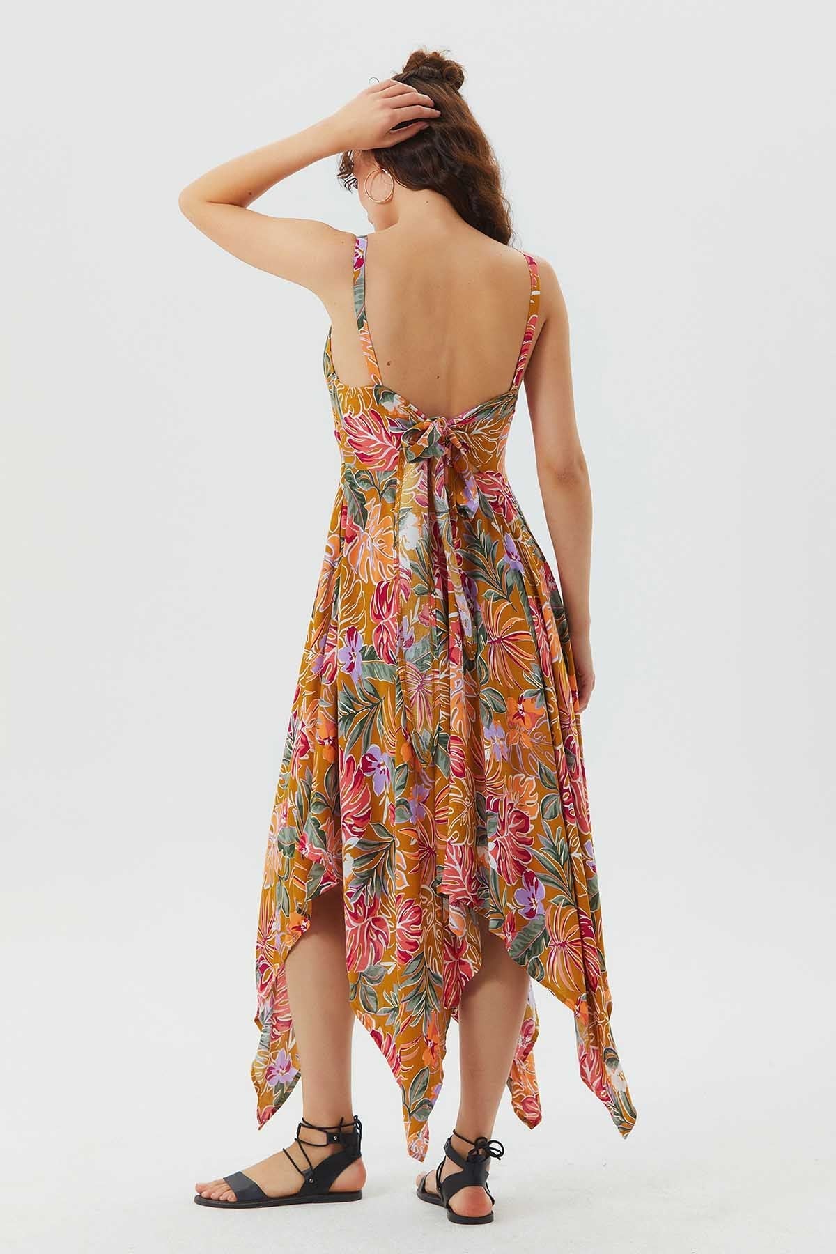 V Neck Asymmetric Bohemian Dress Mustard