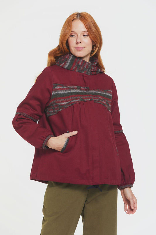 Women's Coat with Hood and Ethnic Pattern Red