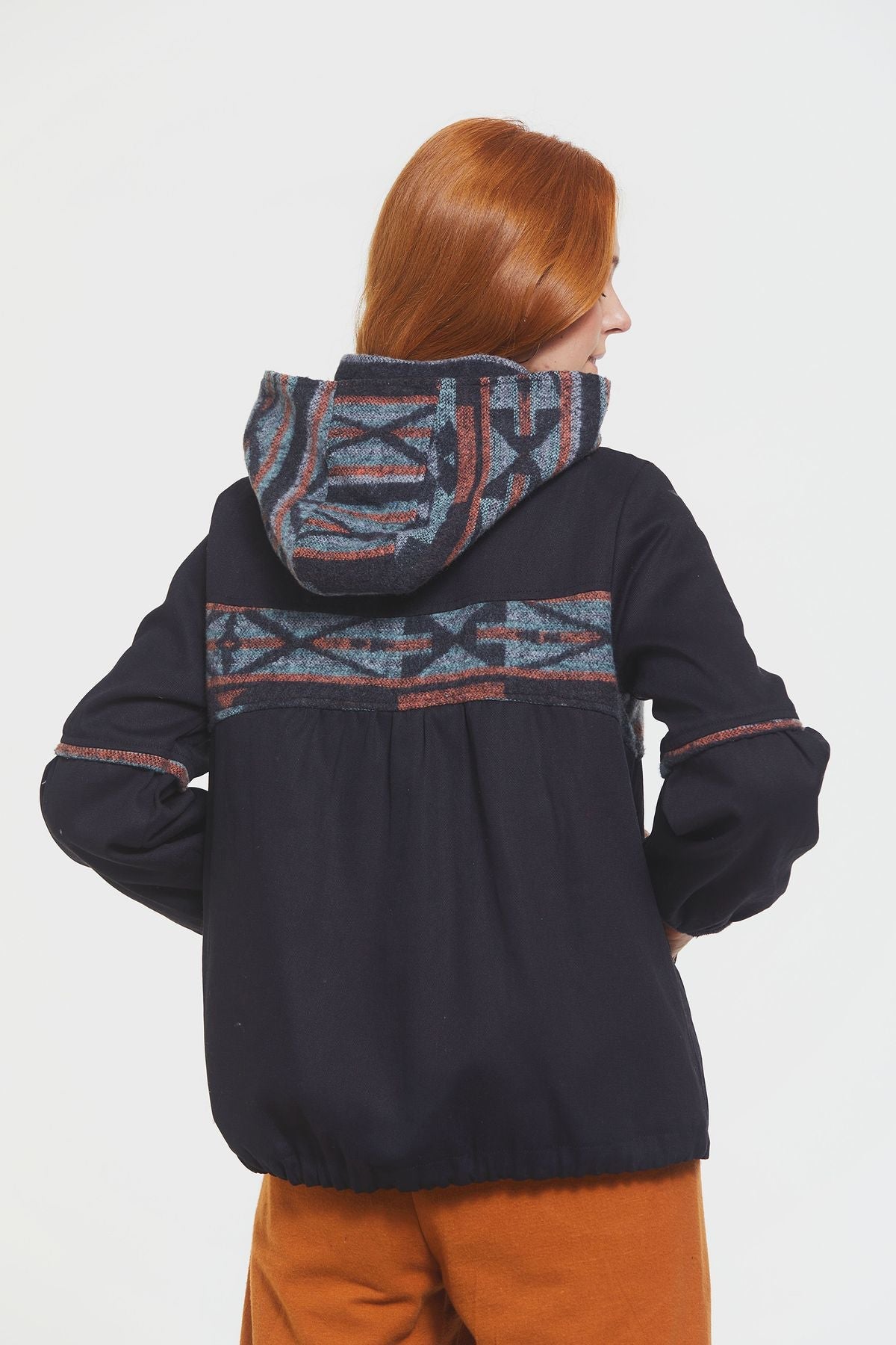 Women's Coat with Hood and Ethnic Pattern Black
