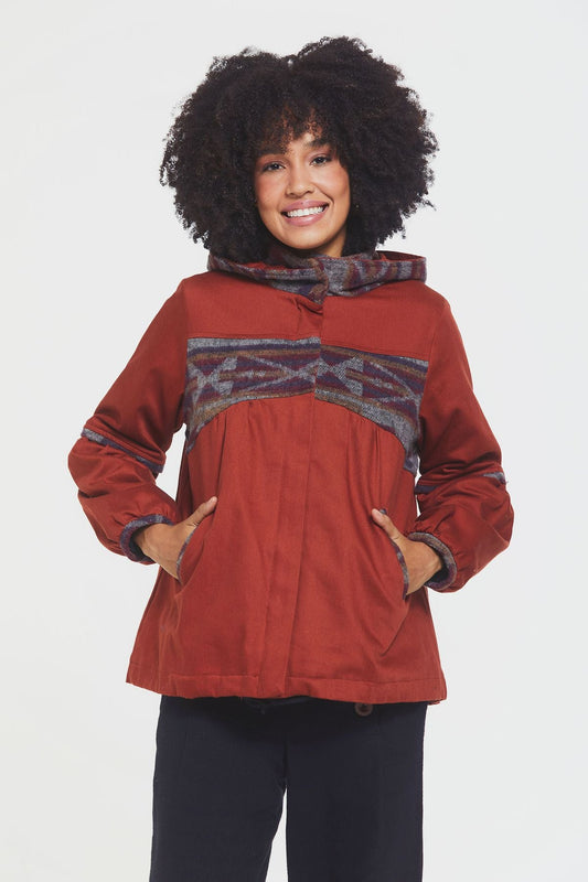 Women's Coat with Hood and Ethnic Pattern Orange