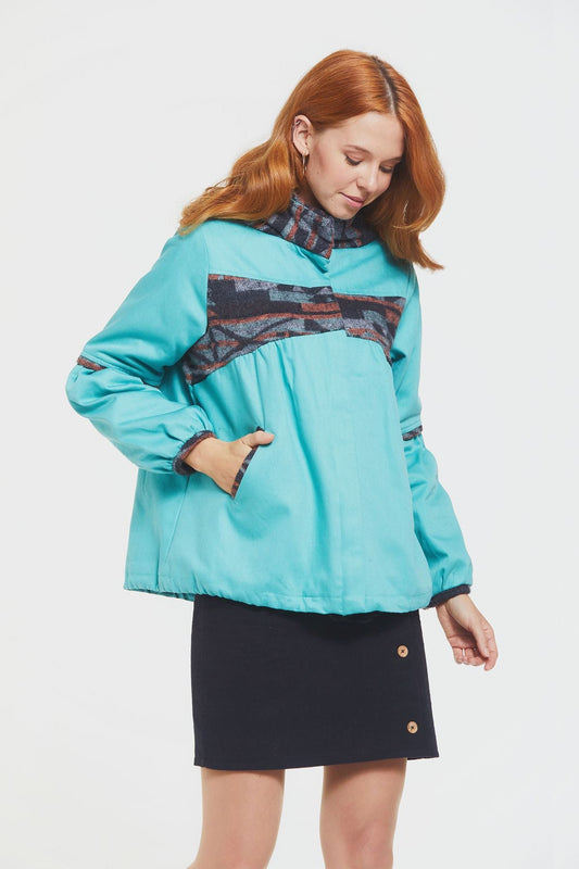 Women's Coat with Hood and Ethnic Pattern Turquoise