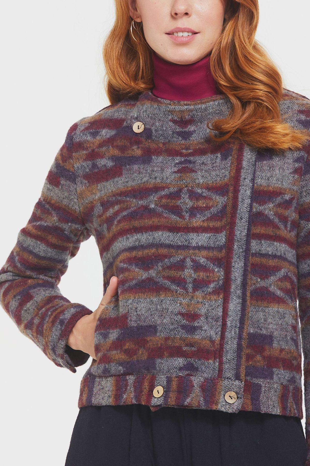 Ethnic Patterned Women's Jacket with Lining Purple