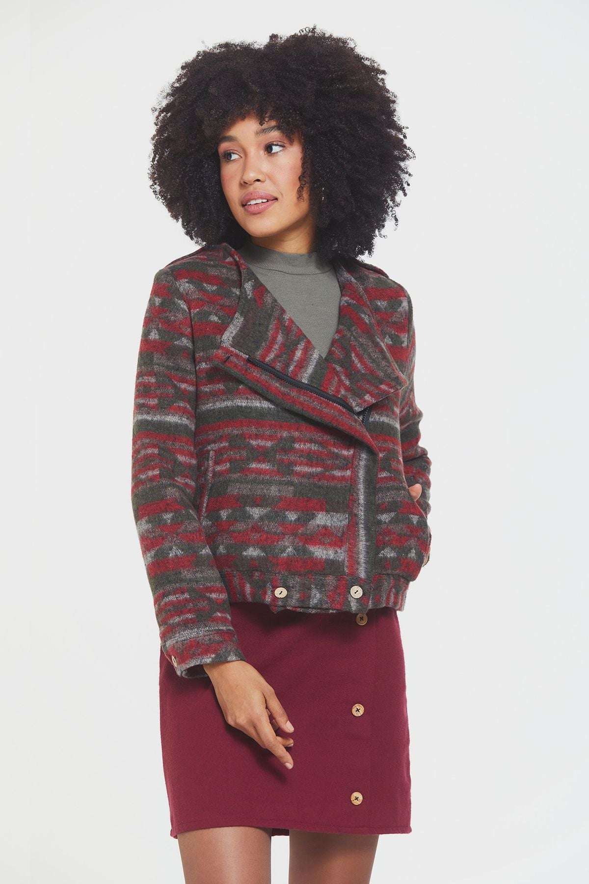 Ethnic Patterned Women's Jacket with Lining Khaki