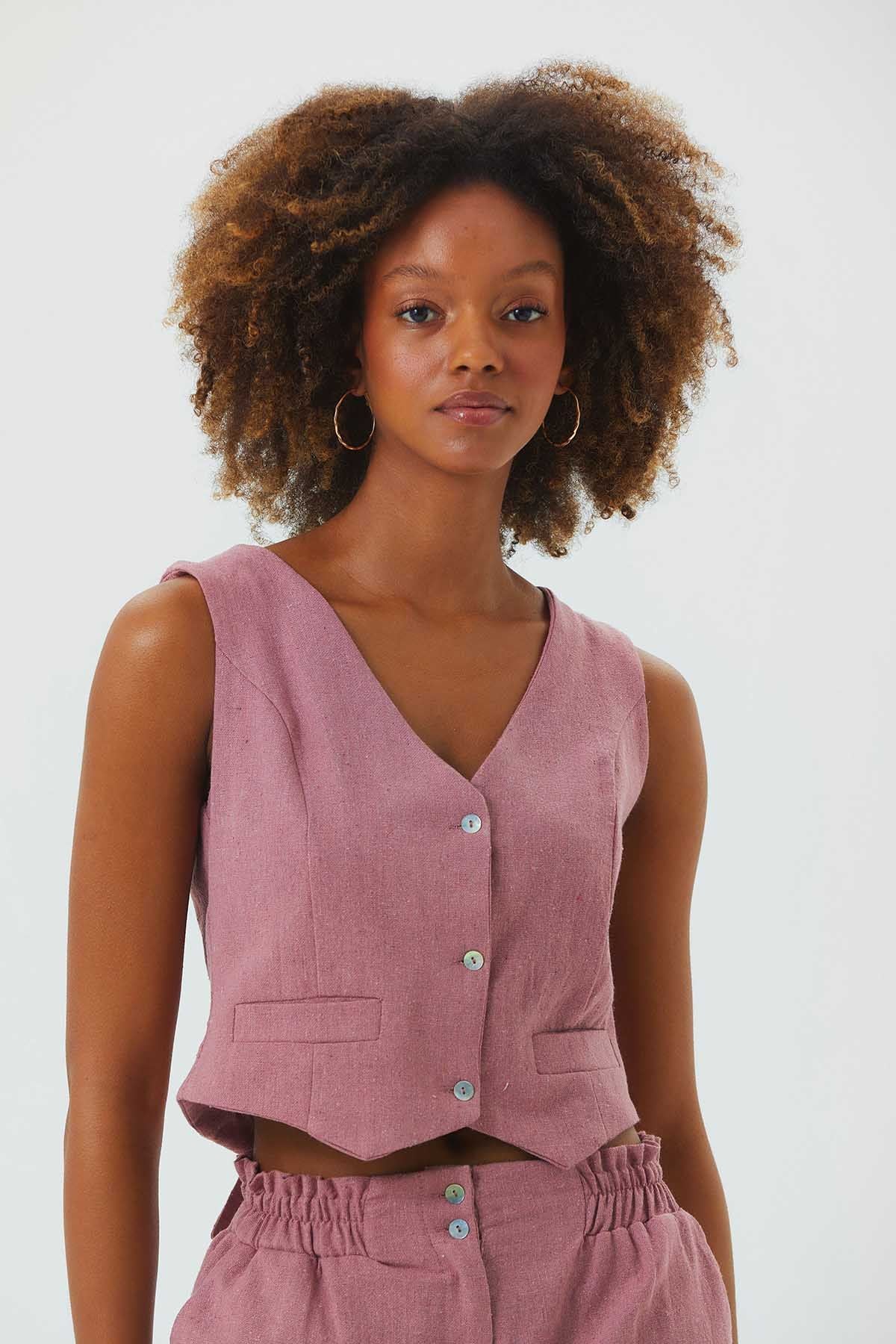 V Neck Sleeveless Classic Cut Boho Vest Pink