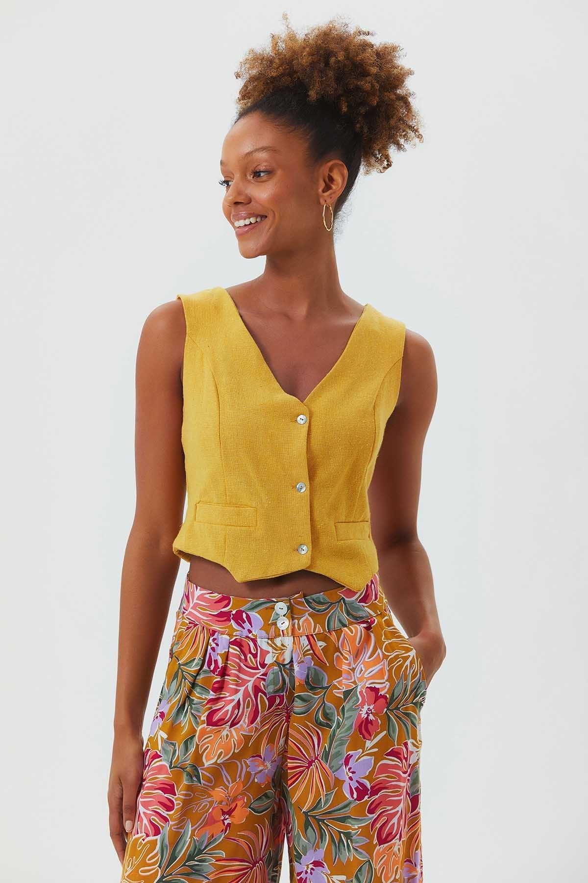 V Neck Sleeveless Classic Cut Boho Vest Yellow