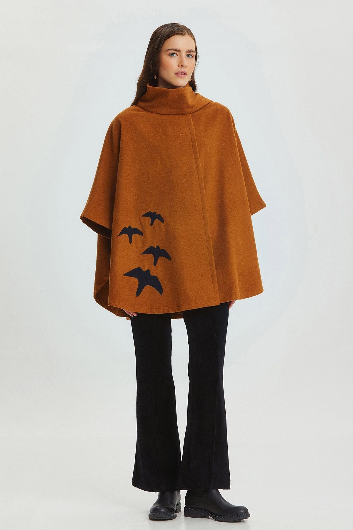 Bird Appliqué Bohemian Poncho Camel