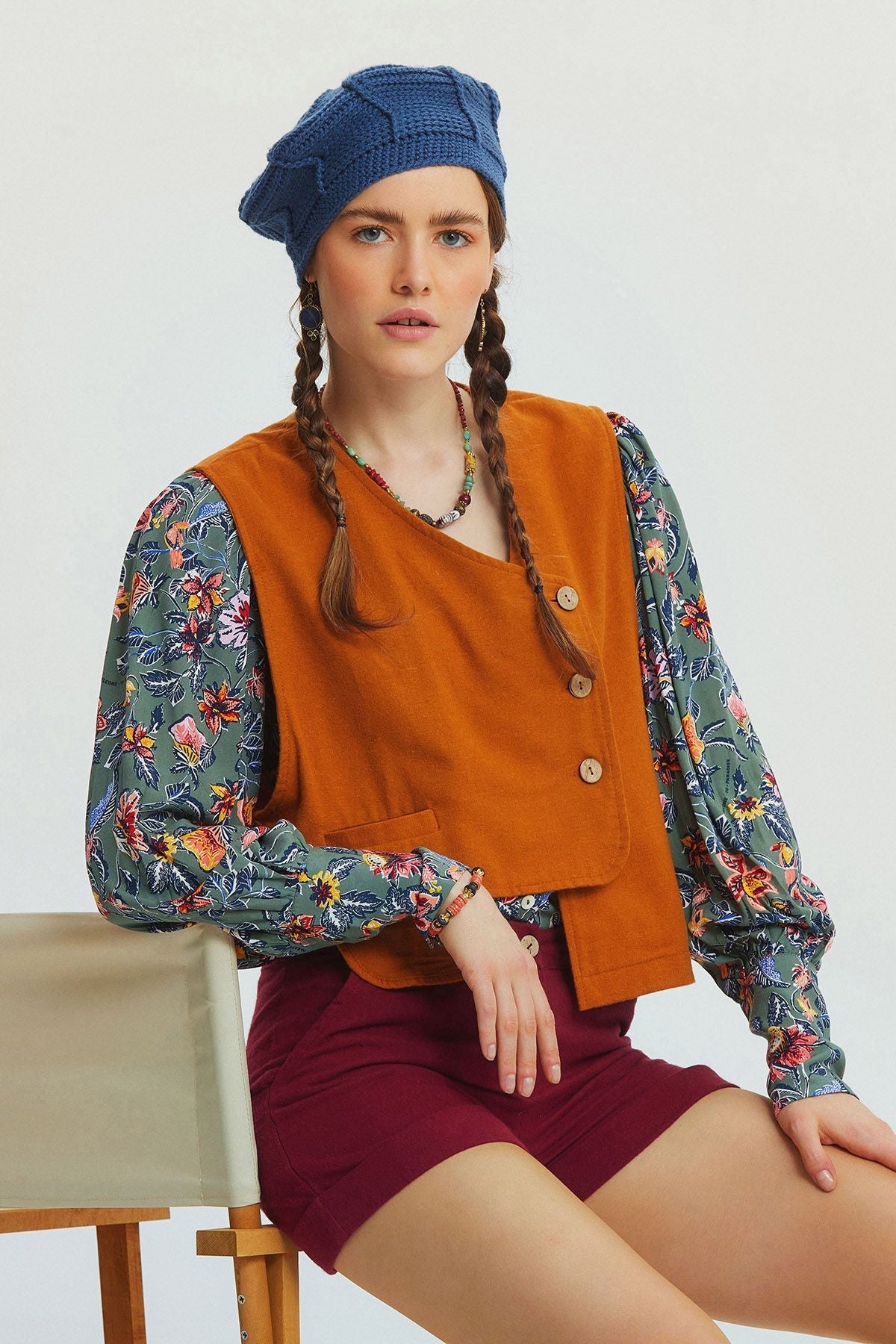 Pocket Detailed Asymmetric Cut Bohemian Vest Camel