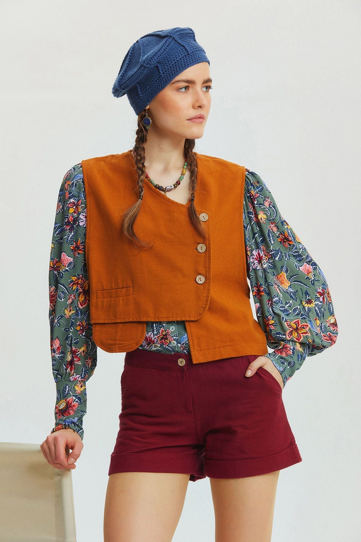 Pocket Detailed Asymmetric Cut Bohemian Vest Camel