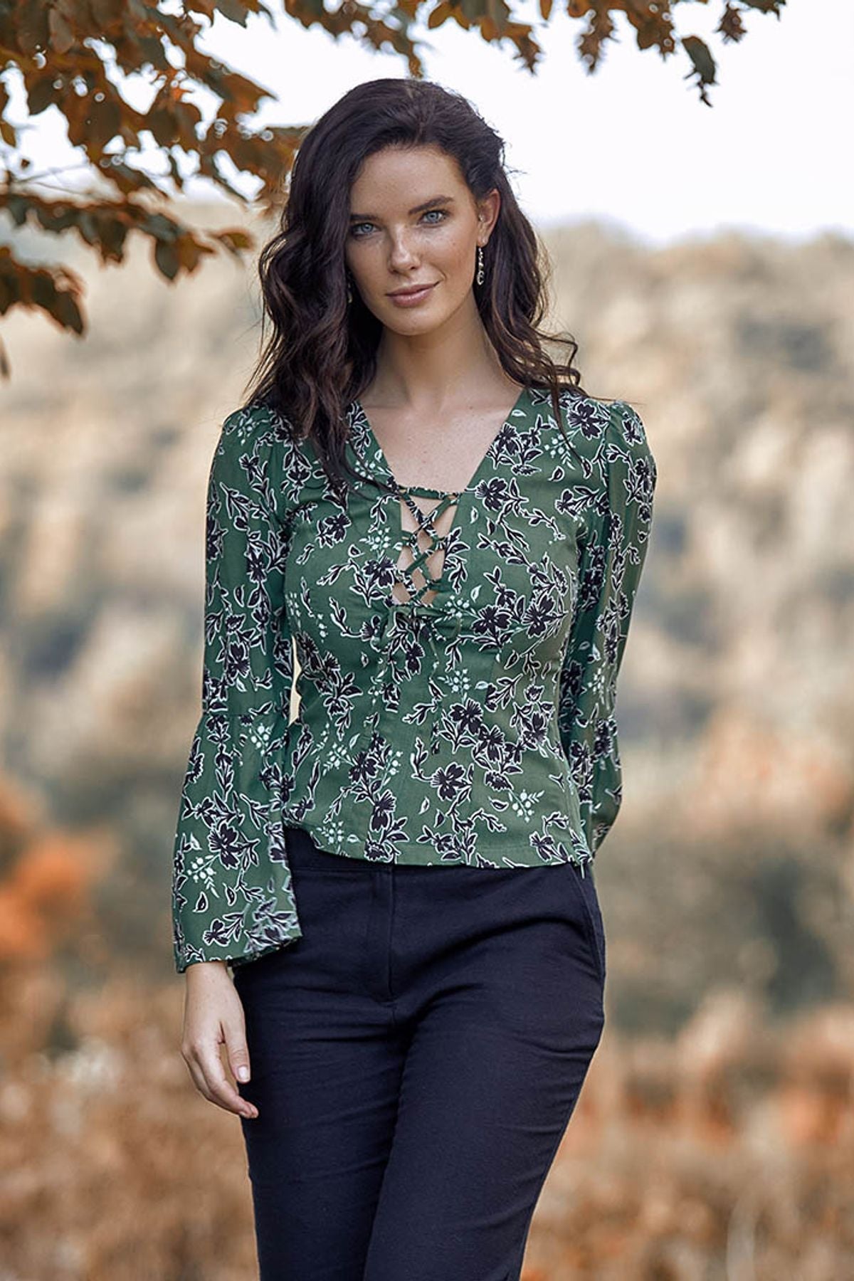 Patterned Fall Winter Blouse Green