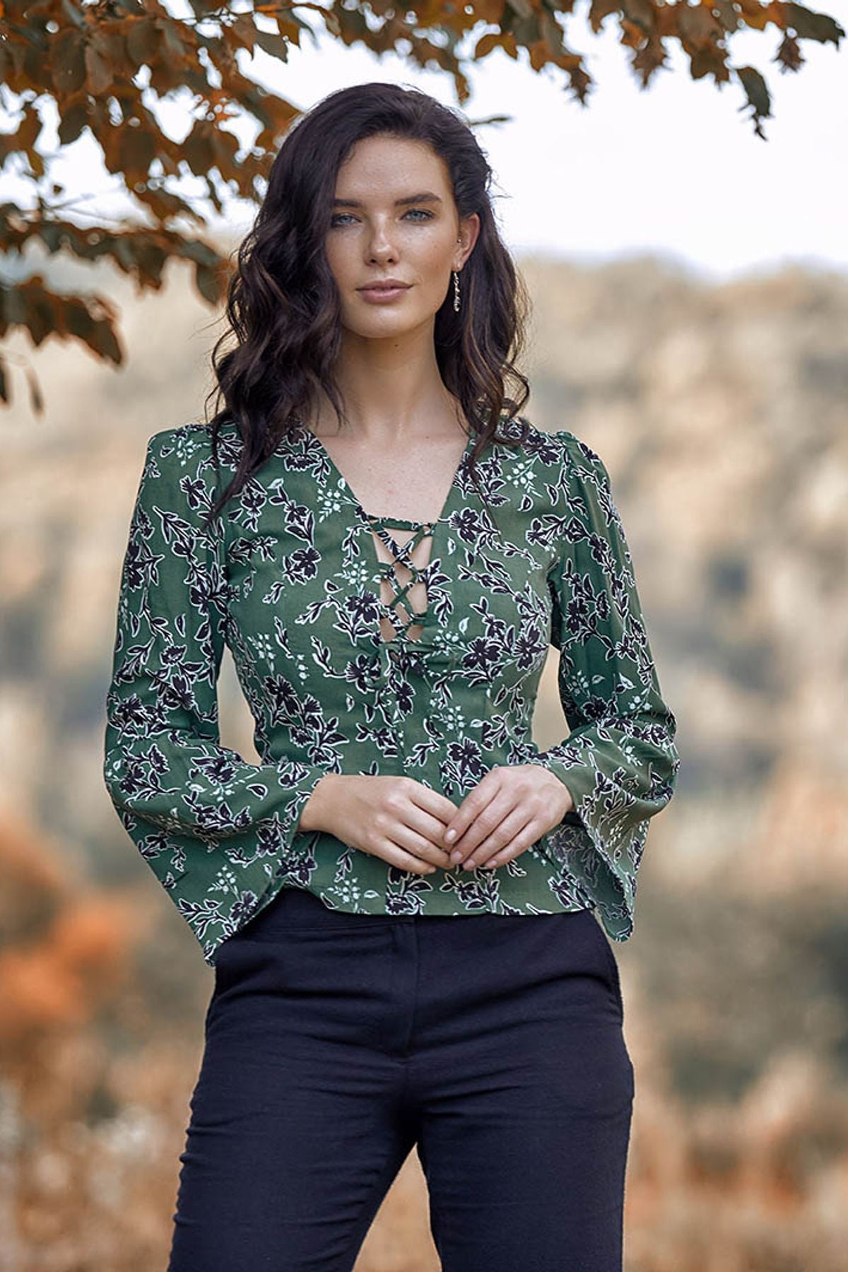 Patterned Fall Winter Blouse Green