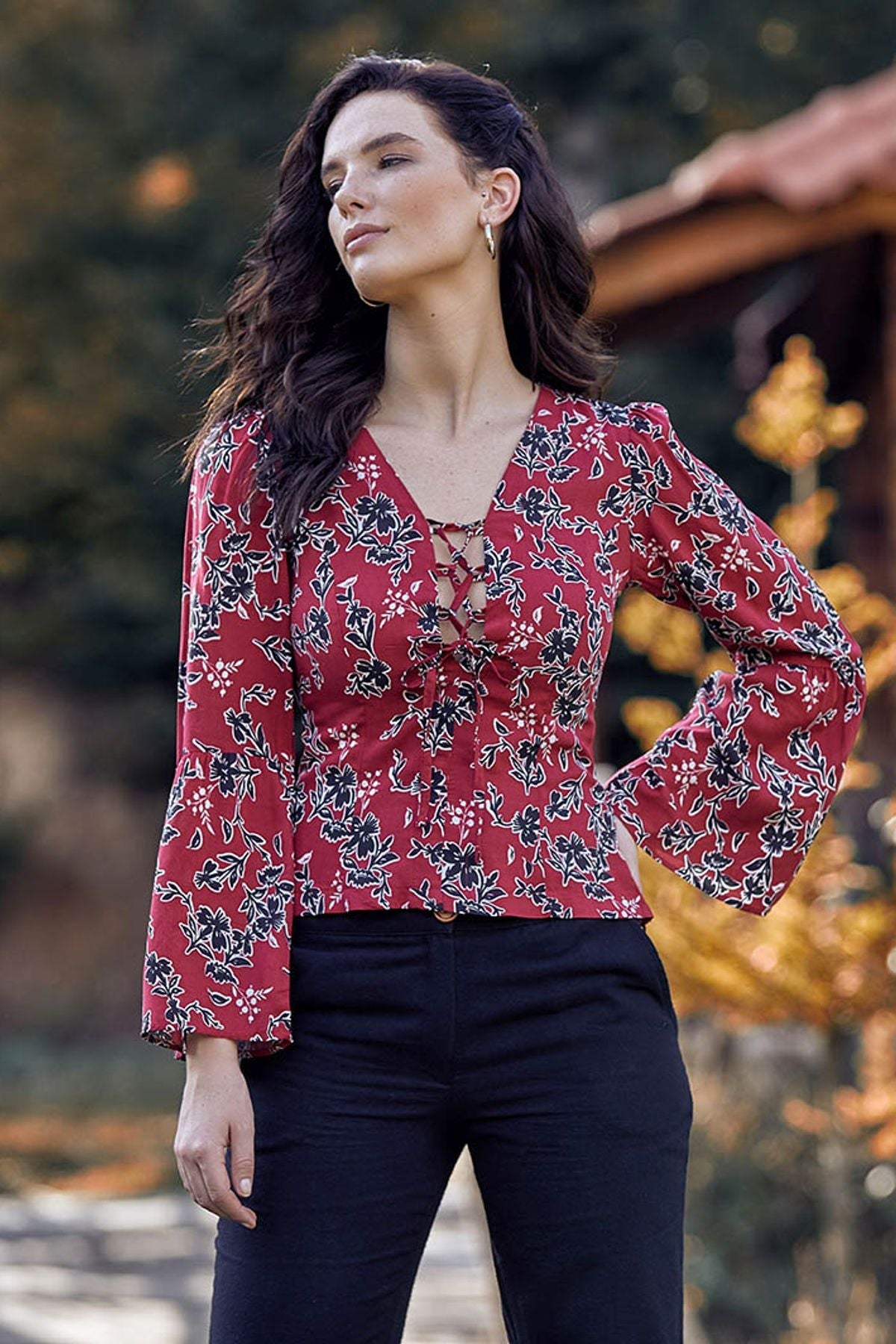 Patterned Fall Winter Blouse Red