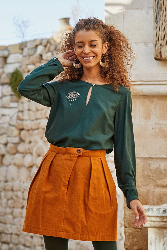 Boat Neck Embroidered Boho Winter Blouse Green