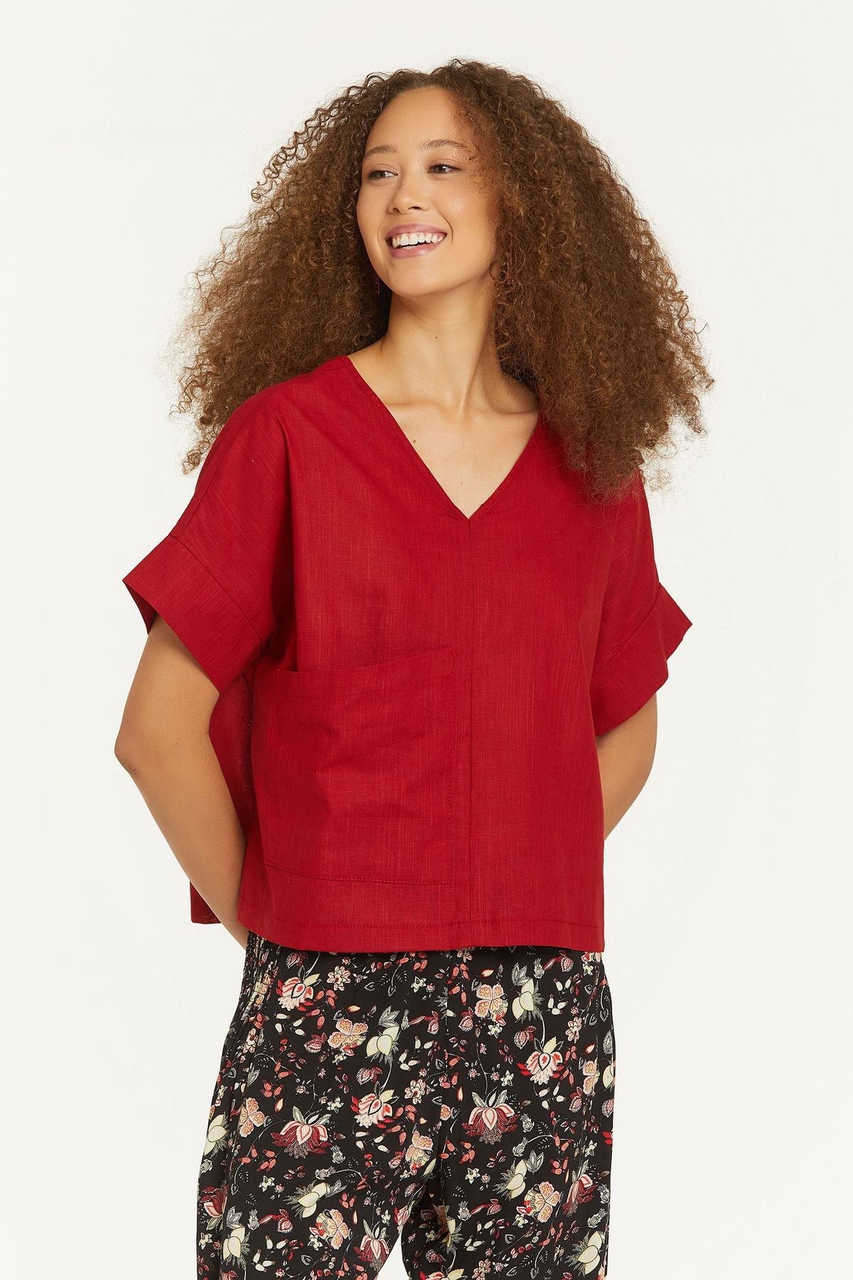 Short Sleeve Loose Fit Boho Blouse Red