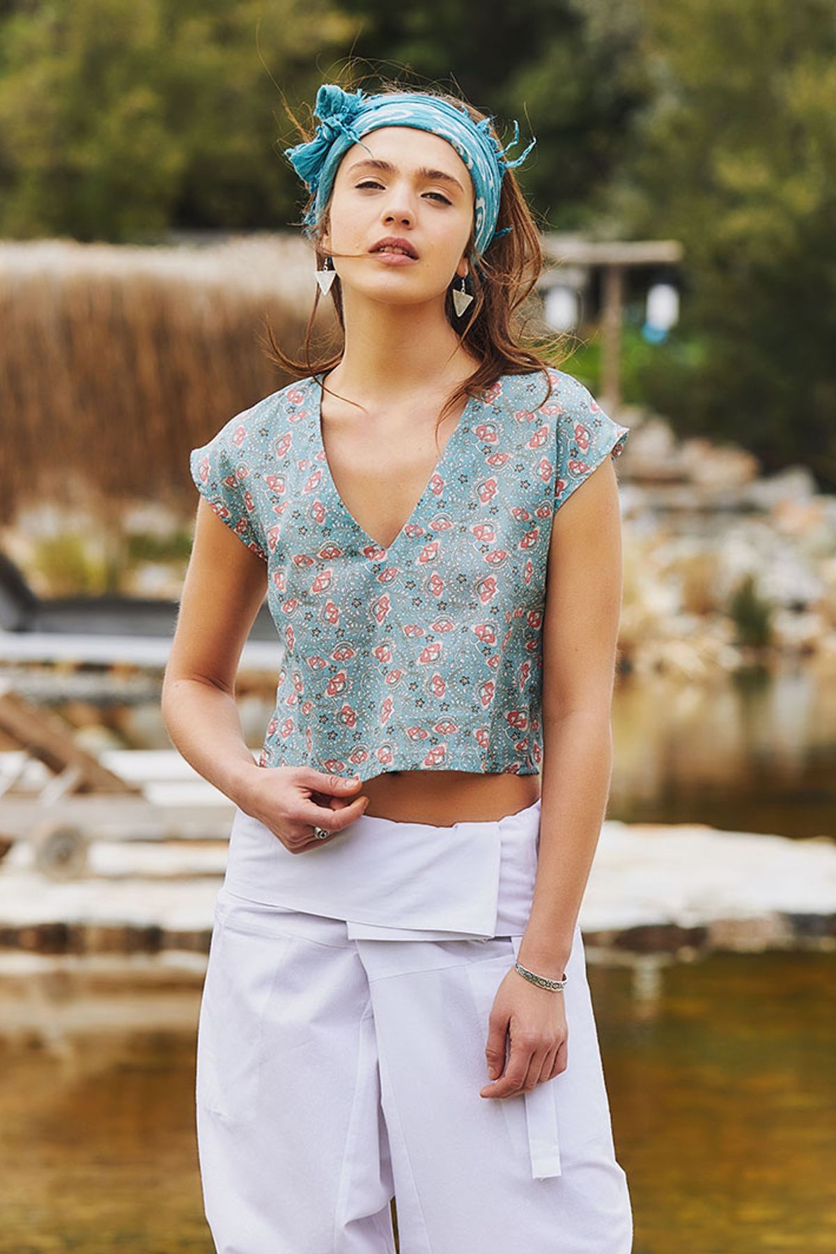 Short Sleeve Cotton Crop Top Blue