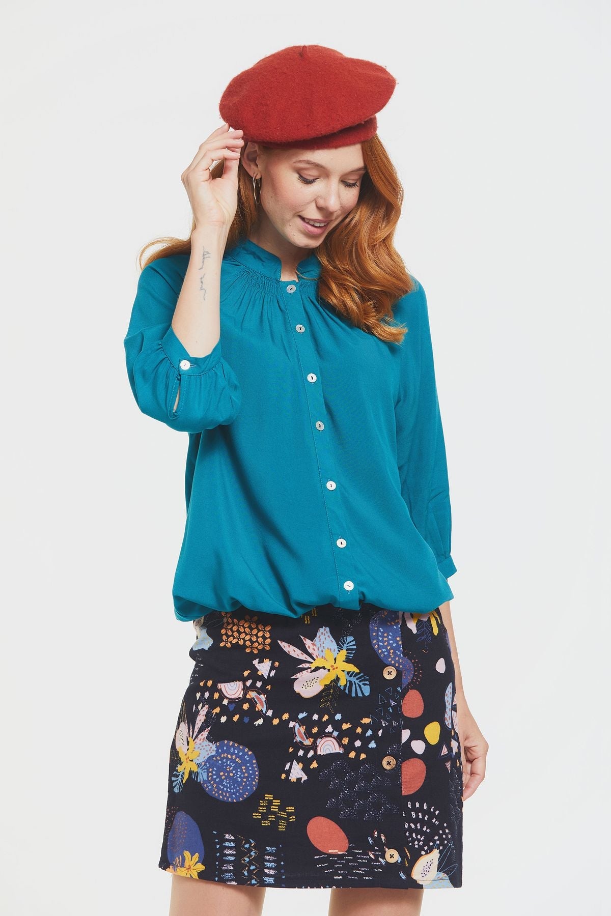 Loose Fit Women's Shirt with Band Collar Turquoise