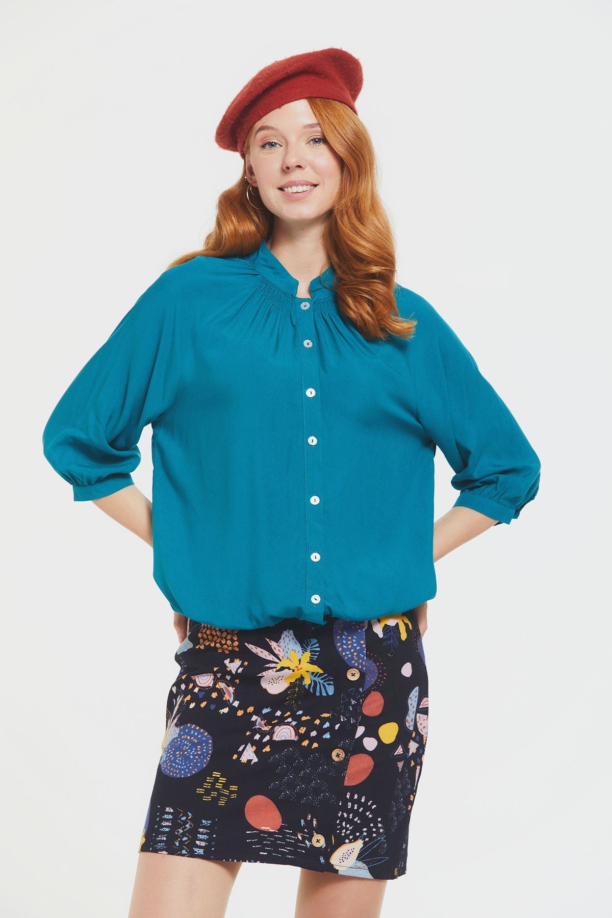 Loose Fit Women's Shirt with Band Collar Turquoise