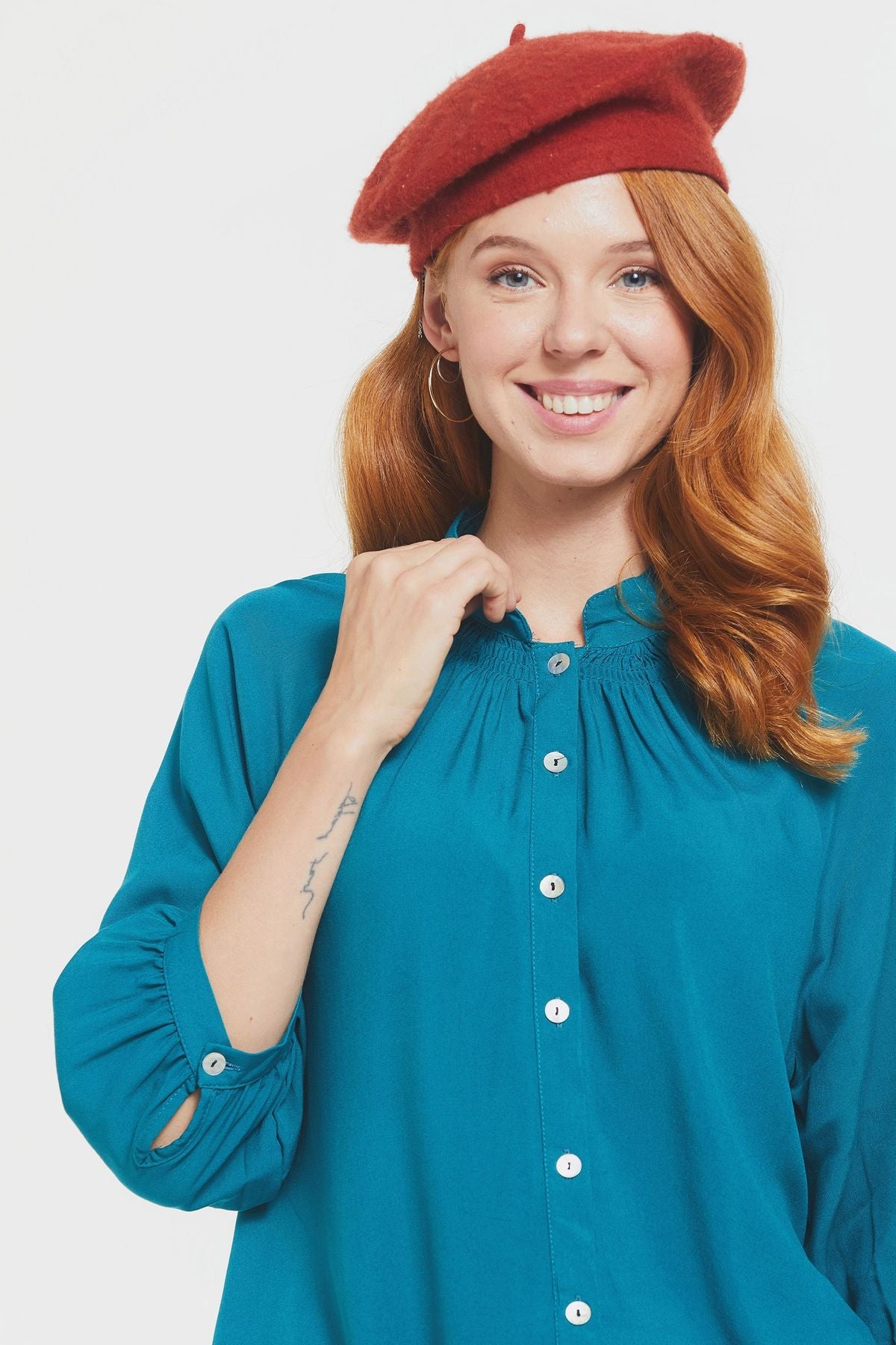 Loose Fit Women's Shirt with Band Collar Turquoise