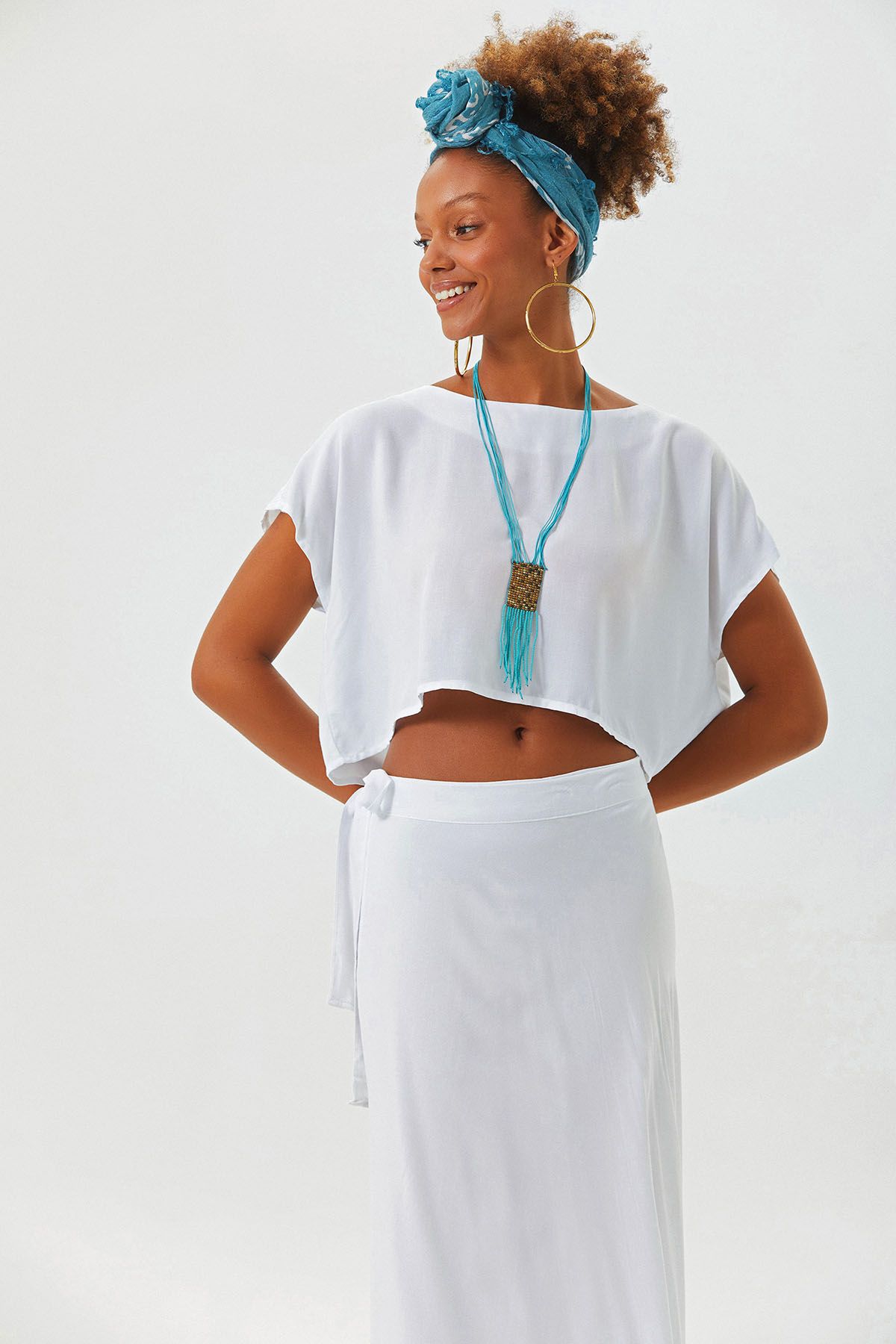 Boat Neck Oversize Bohemian Crop Top White