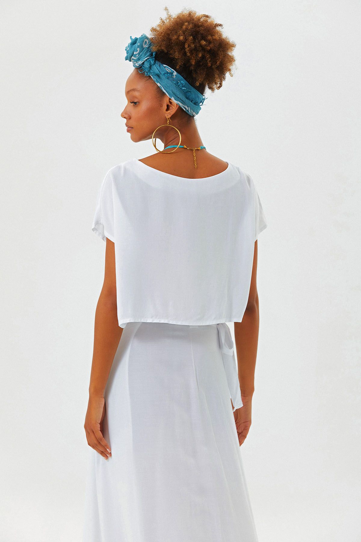 Boat Neck Oversize Bohemian Crop Top White