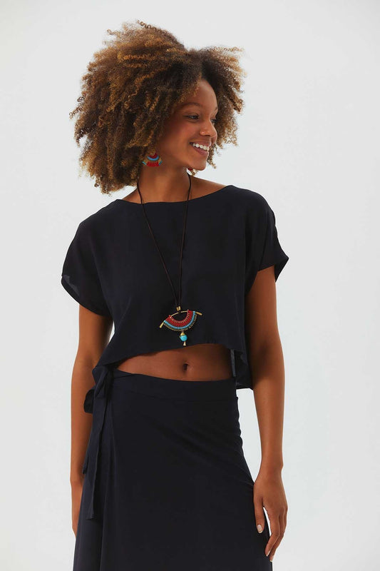 Boat Neck Oversize Bohemian Crop Top Black