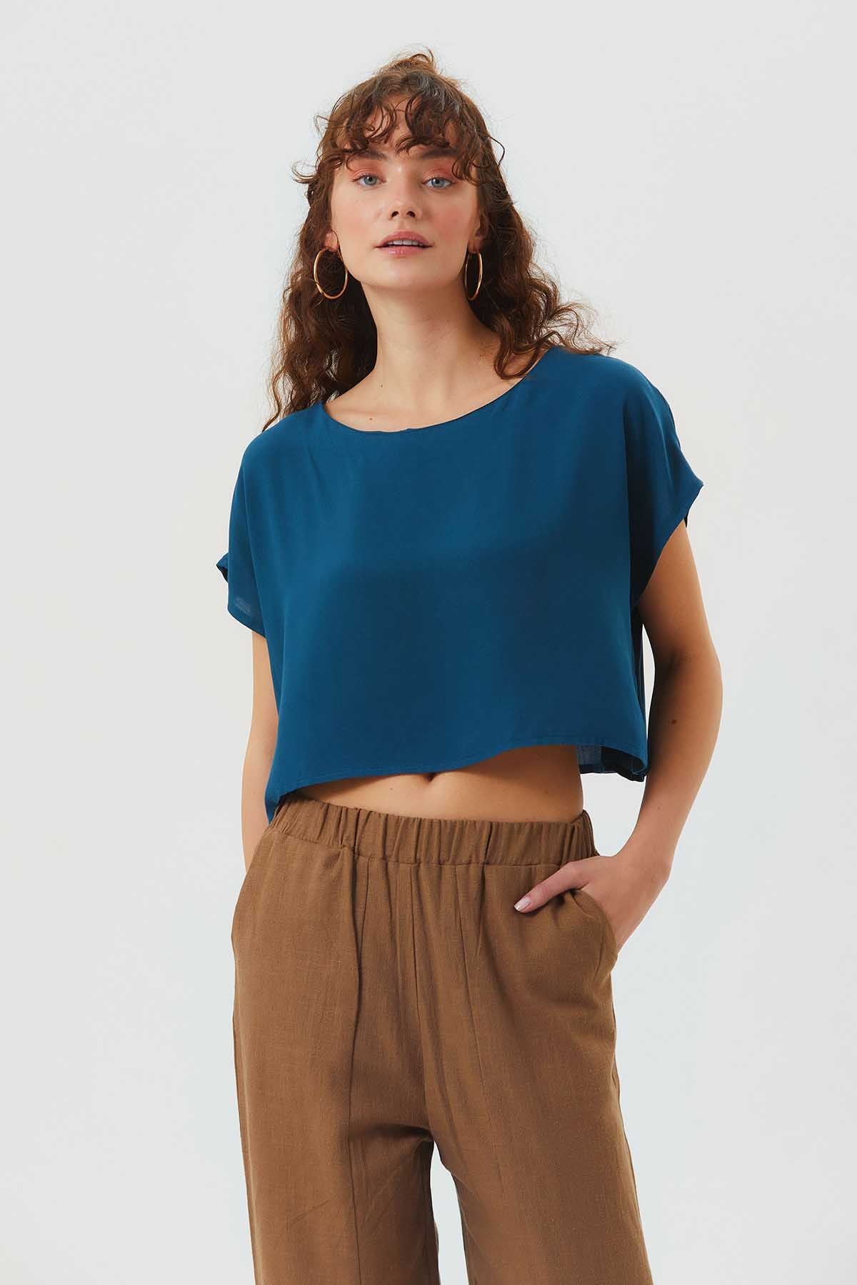 Boat Neck Oversize Bohemian Crop Top Dark Blue