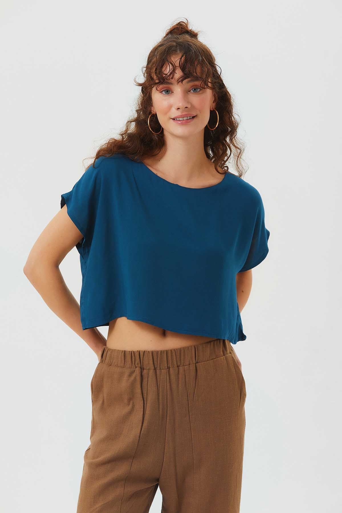 Boat Neck Oversize Bohemian Crop Top Dark Blue