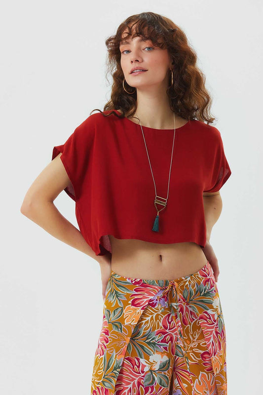 Boat Neck Oversize Bohemian Crop Top Orange