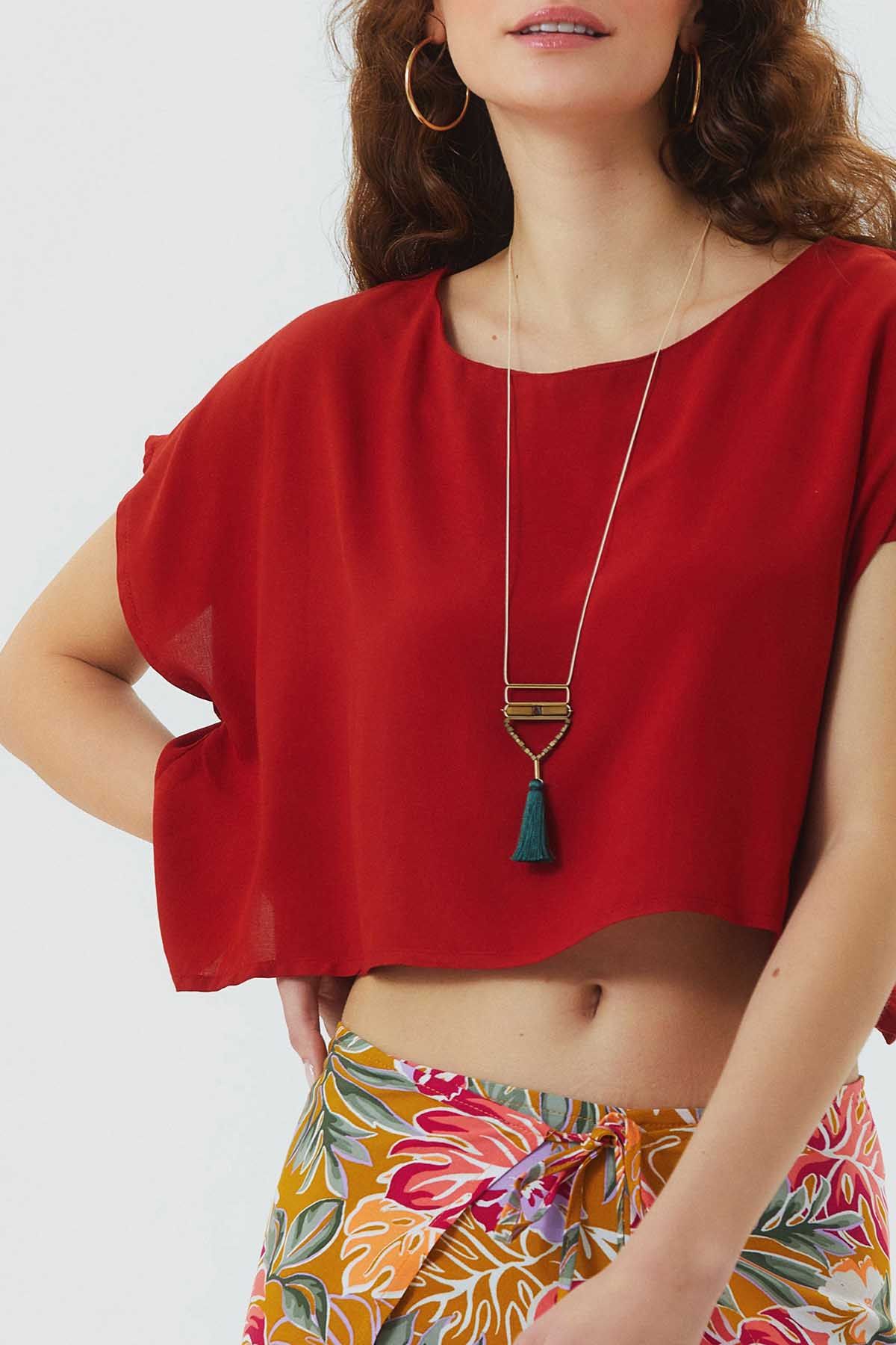 Boat Neck Oversize Bohemian Crop Top Orange