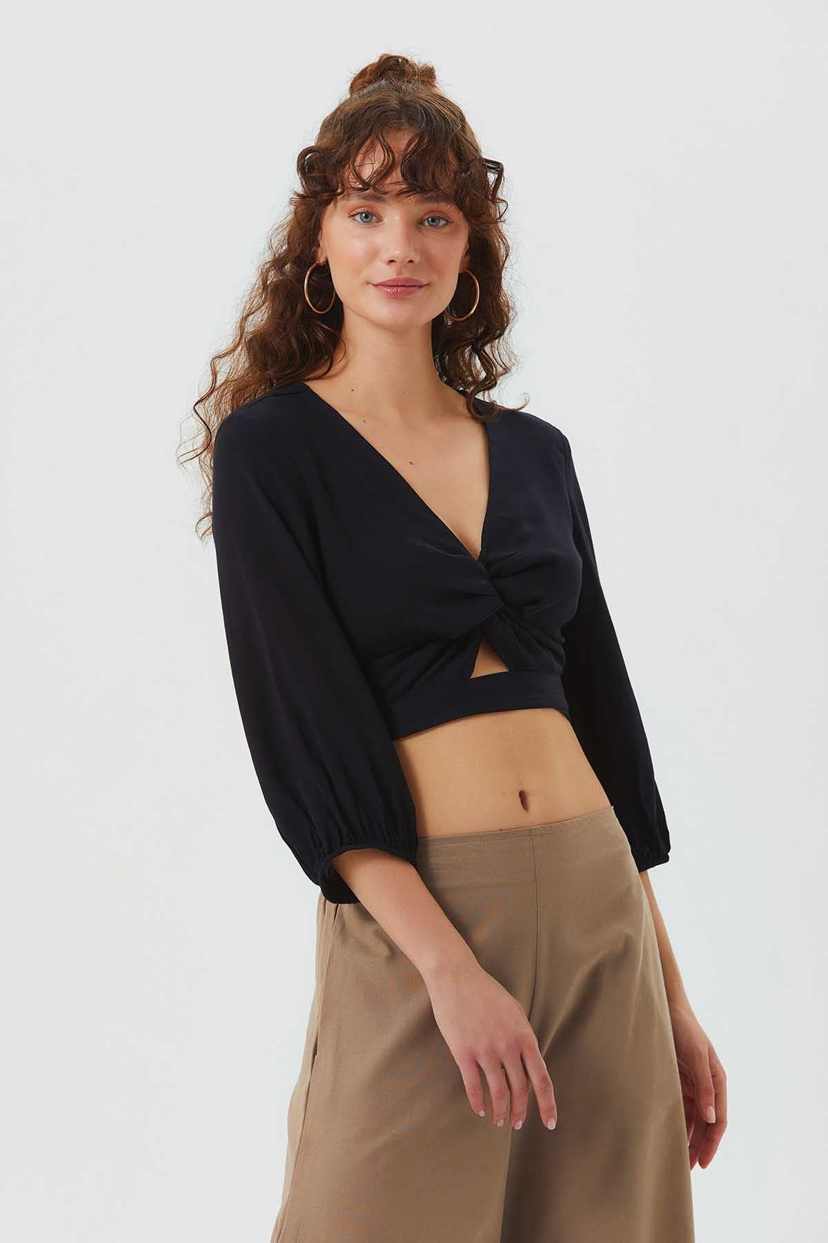 Knot Front Crop Top with Cutout Detail Black