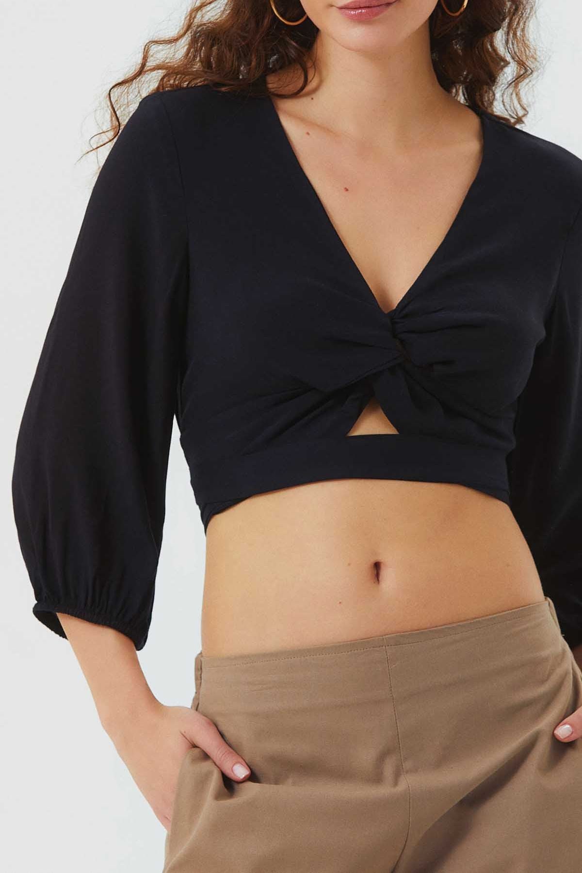 Knot Front Crop Top with Cutout Detail Black