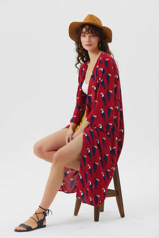 Long Sleeve Patterned Authentic Kimono Red