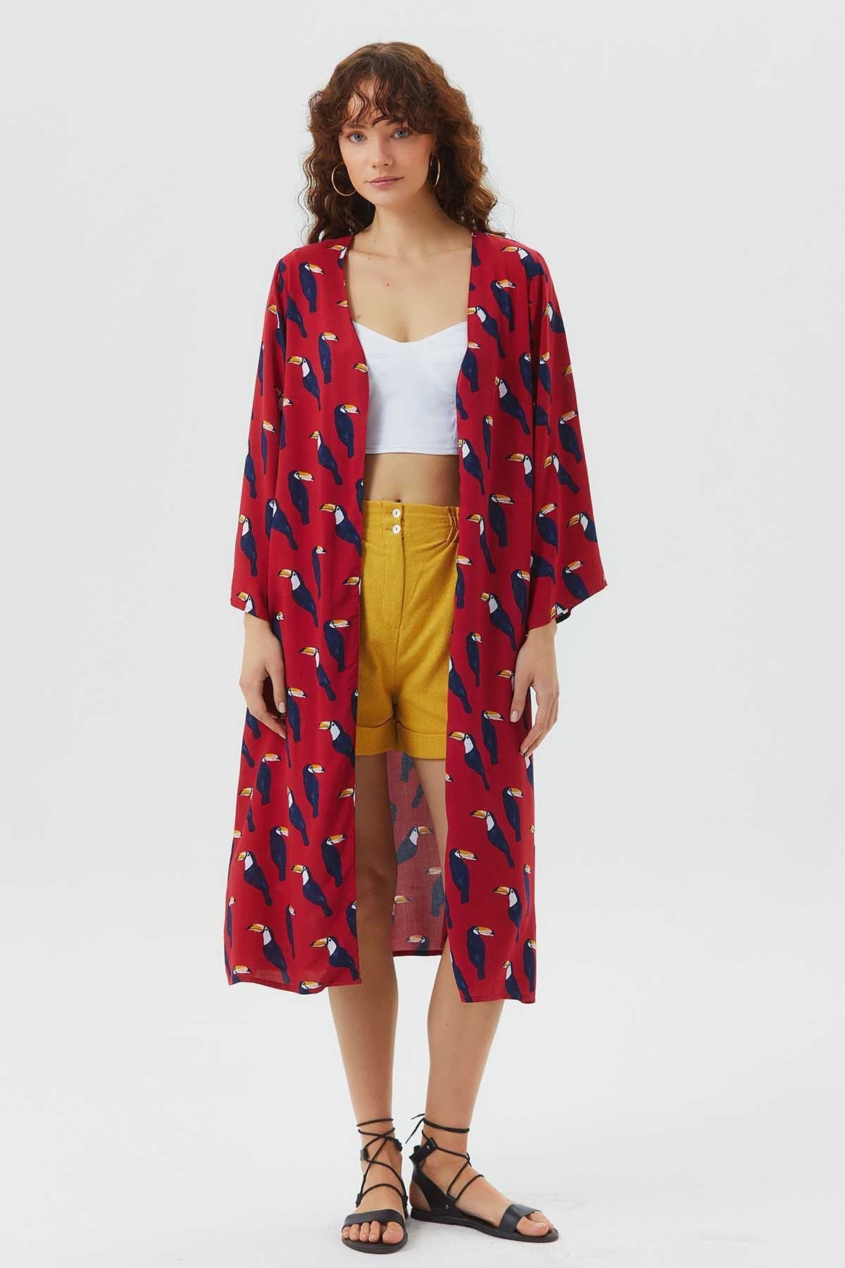 Long Sleeve Patterned Authentic Kimono Red