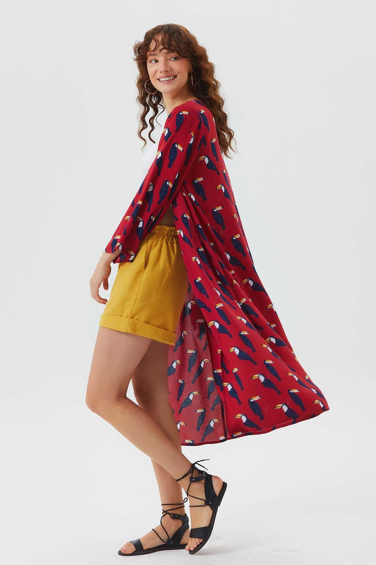 Long Sleeve Patterned Authentic Kimono Red