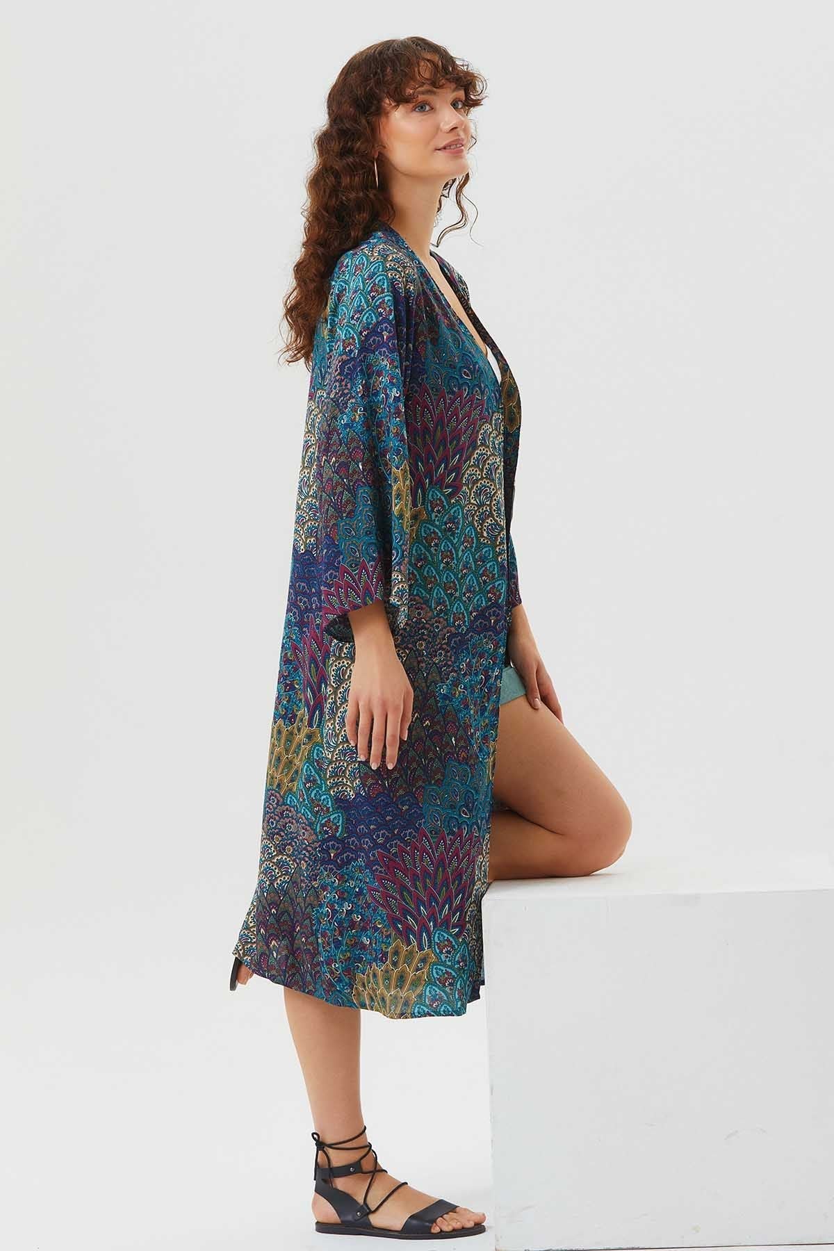 Long Sleeve Patterned Authentic Kimono Teal