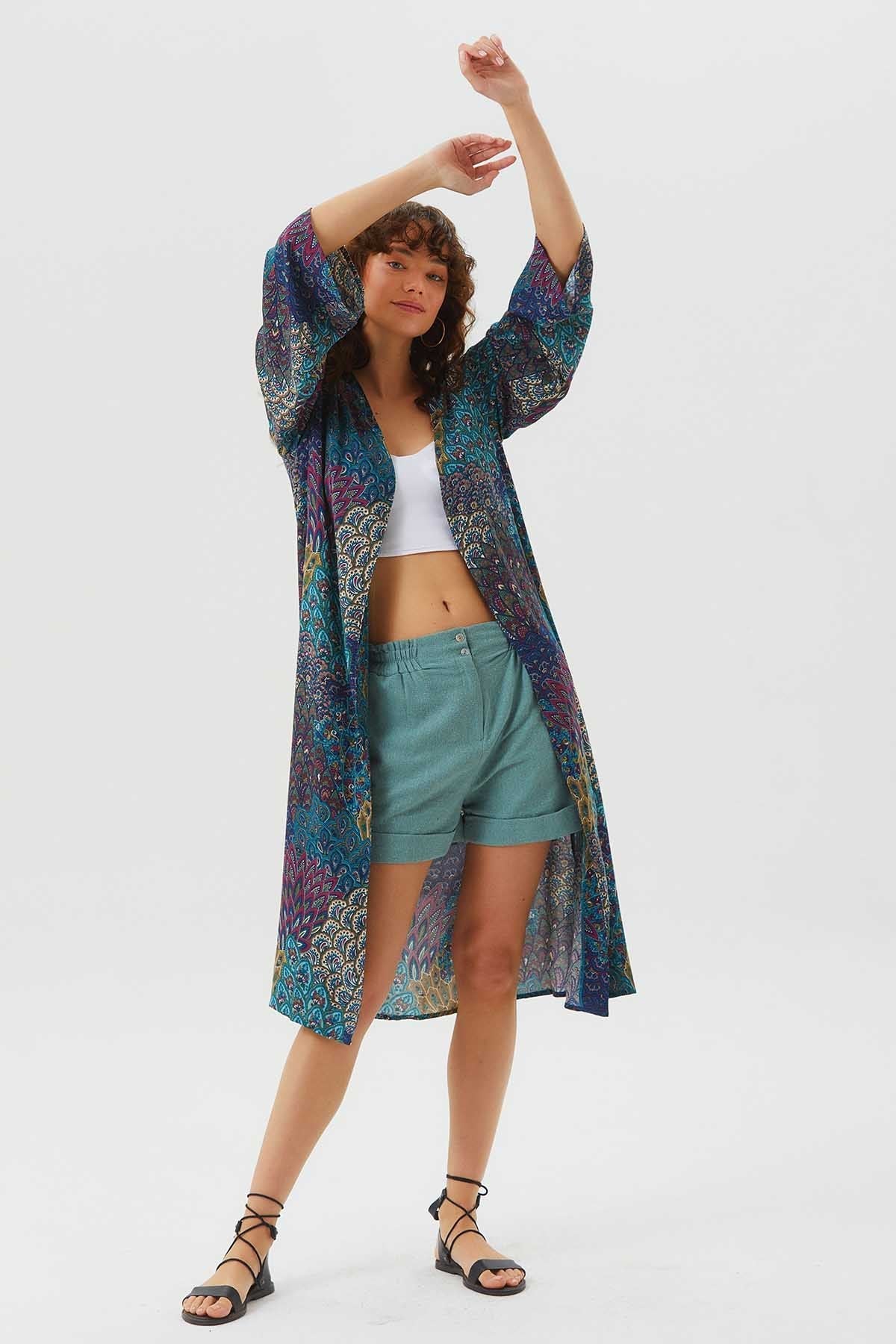 Long Sleeve Patterned Authentic Kimono Teal