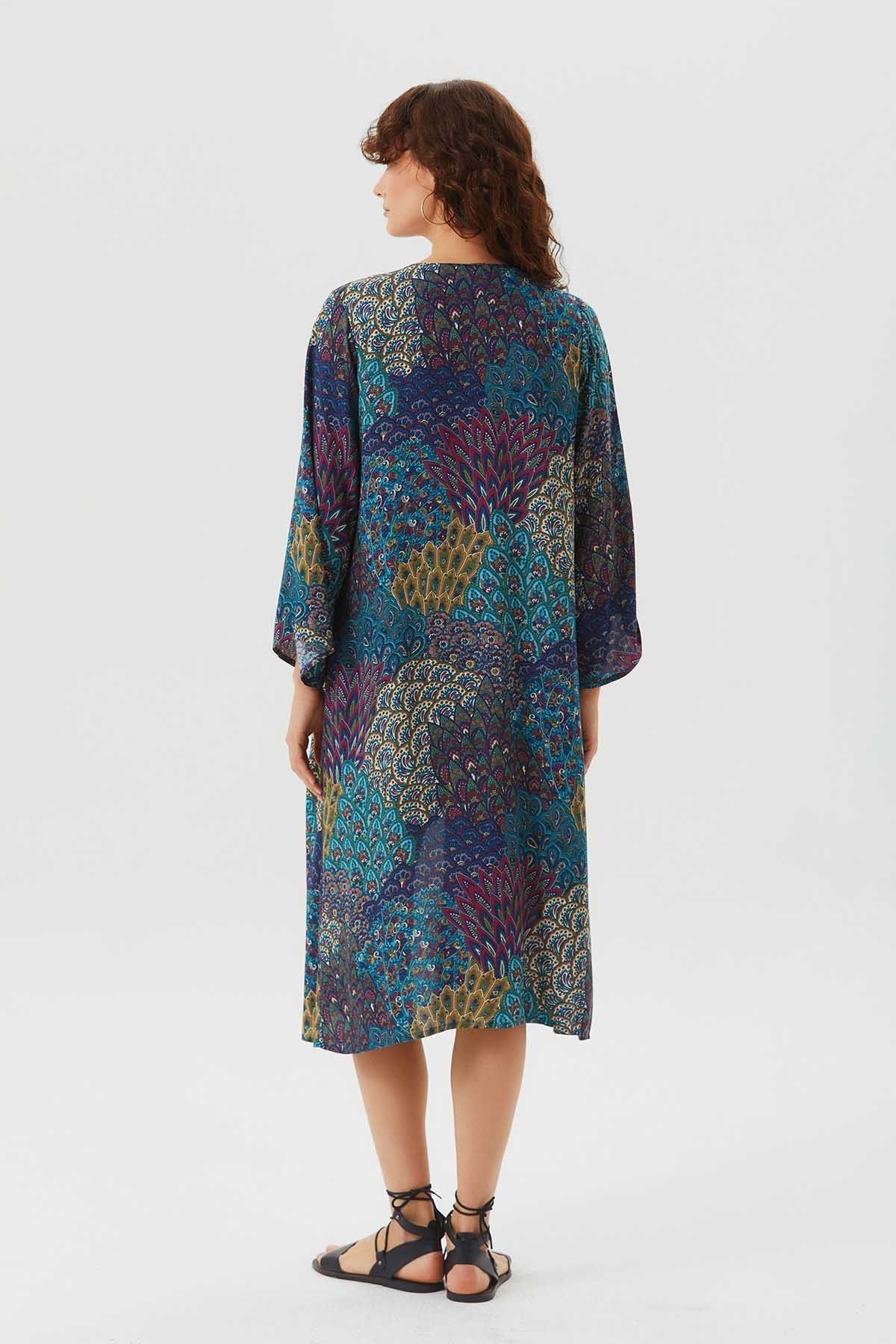 Long Sleeve Patterned Authentic Kimono Teal