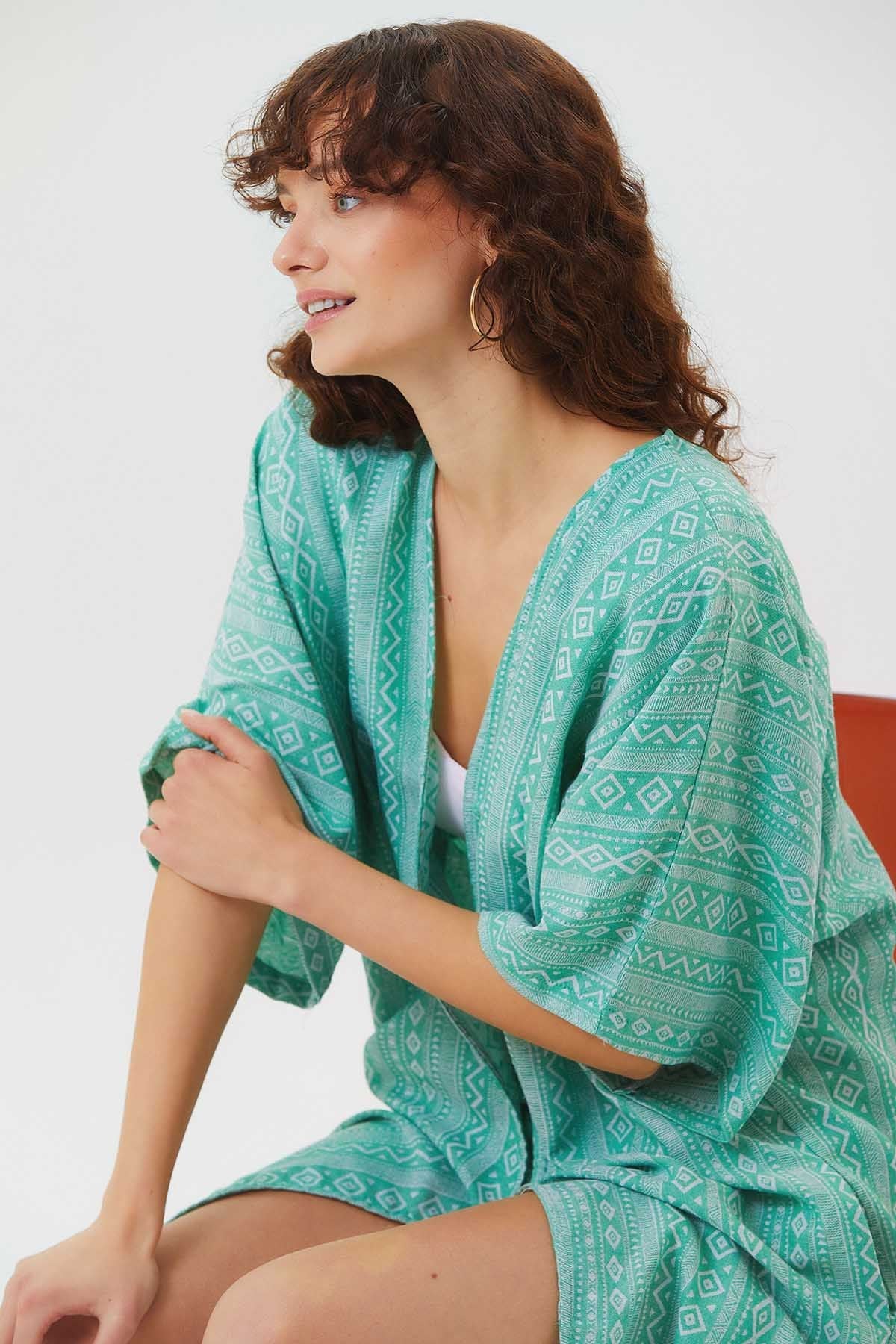 Short Sleeve Cotton Ethnic Kimono Green