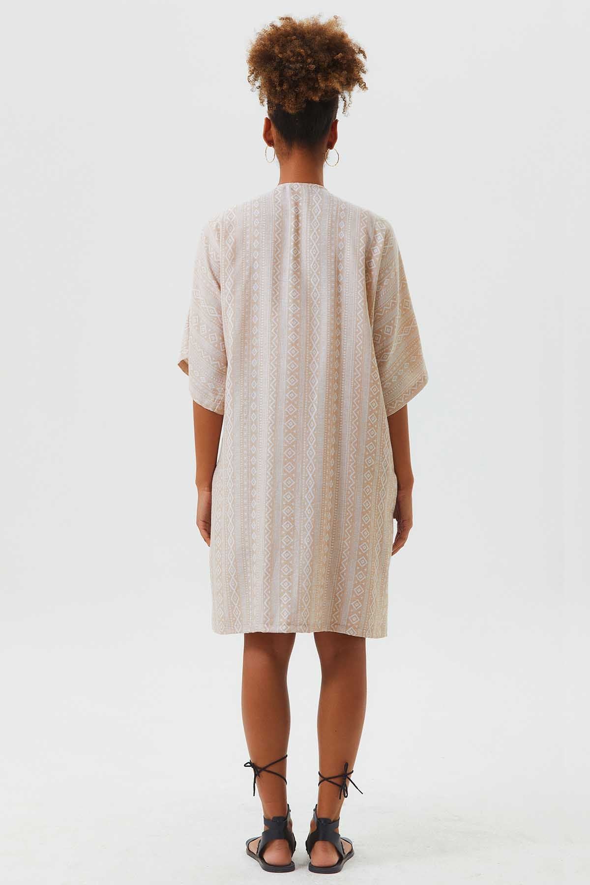 Short Sleeve Cotton Ethnic Kimono Beige
