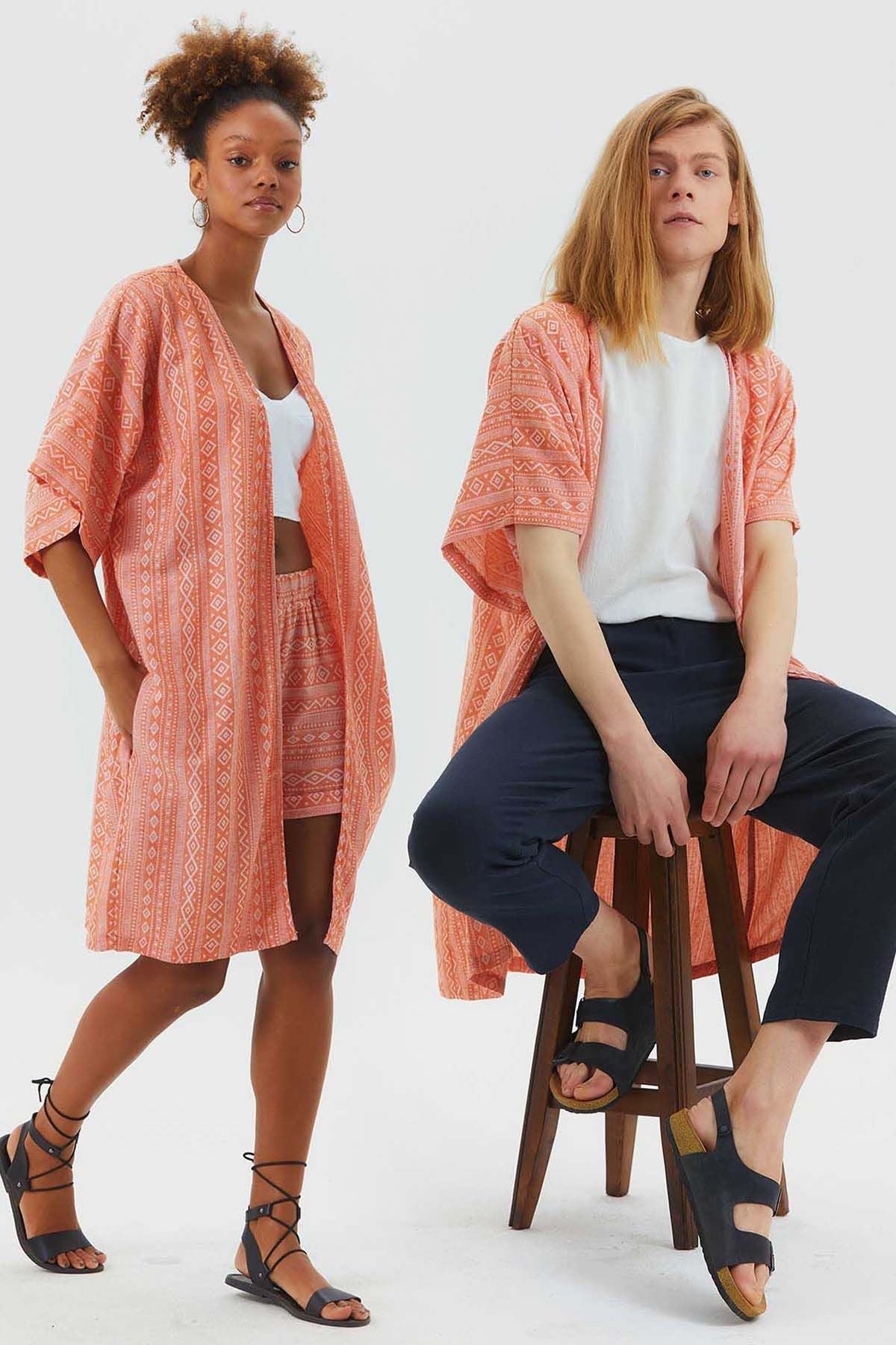 Short Sleeve Cotton Ethnic Kimono Orange