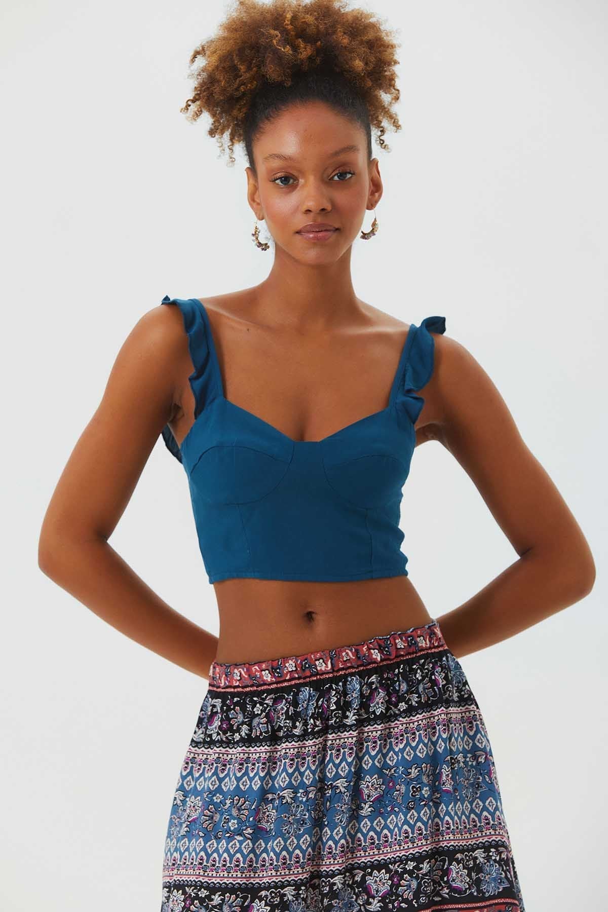 Sweetheart Neckline Crop Top Dark Blue