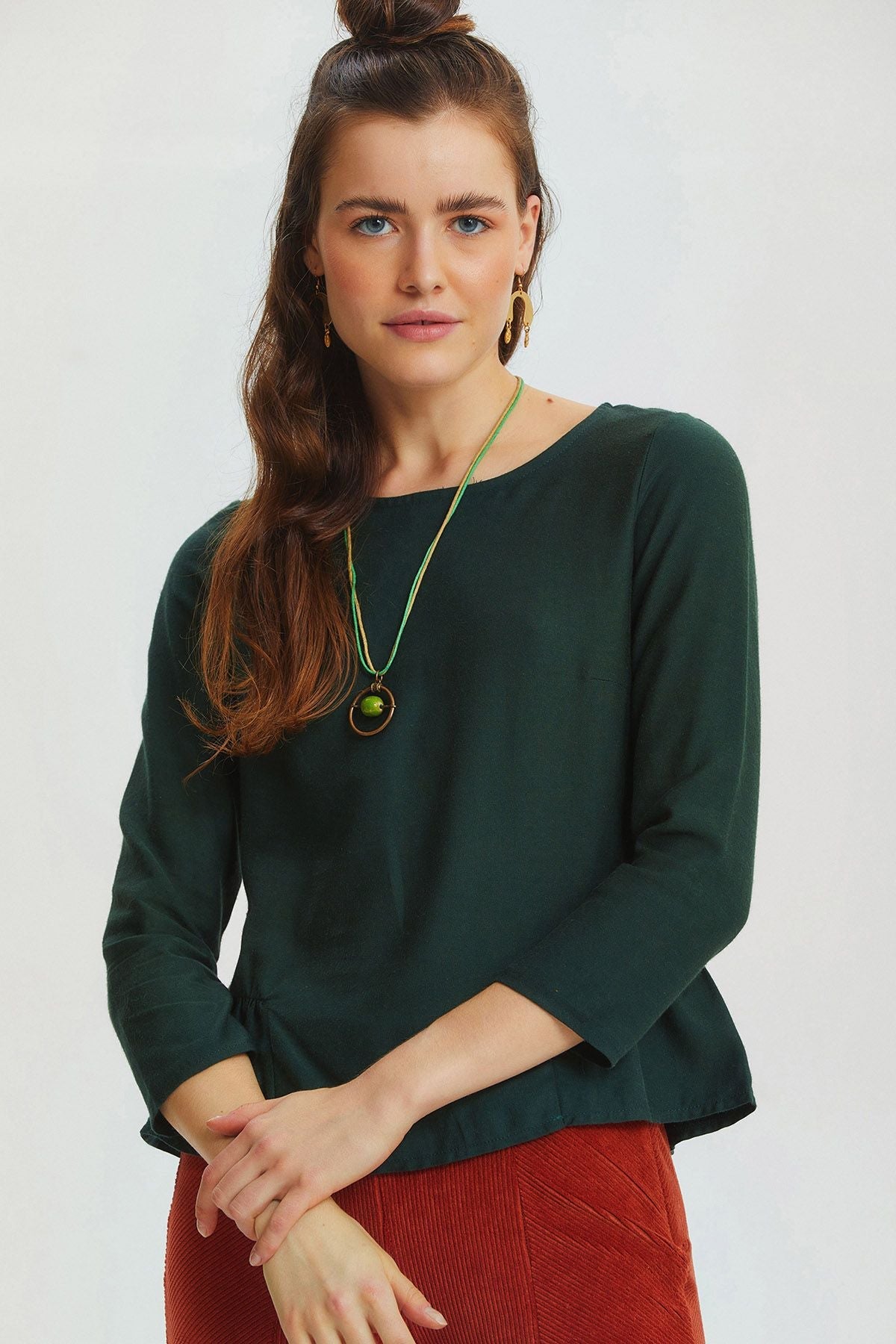 Shirring Detailed Solid Color Blouse Green