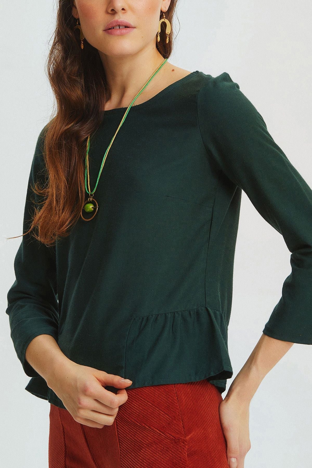 Shirring Detailed Solid Color Blouse Green