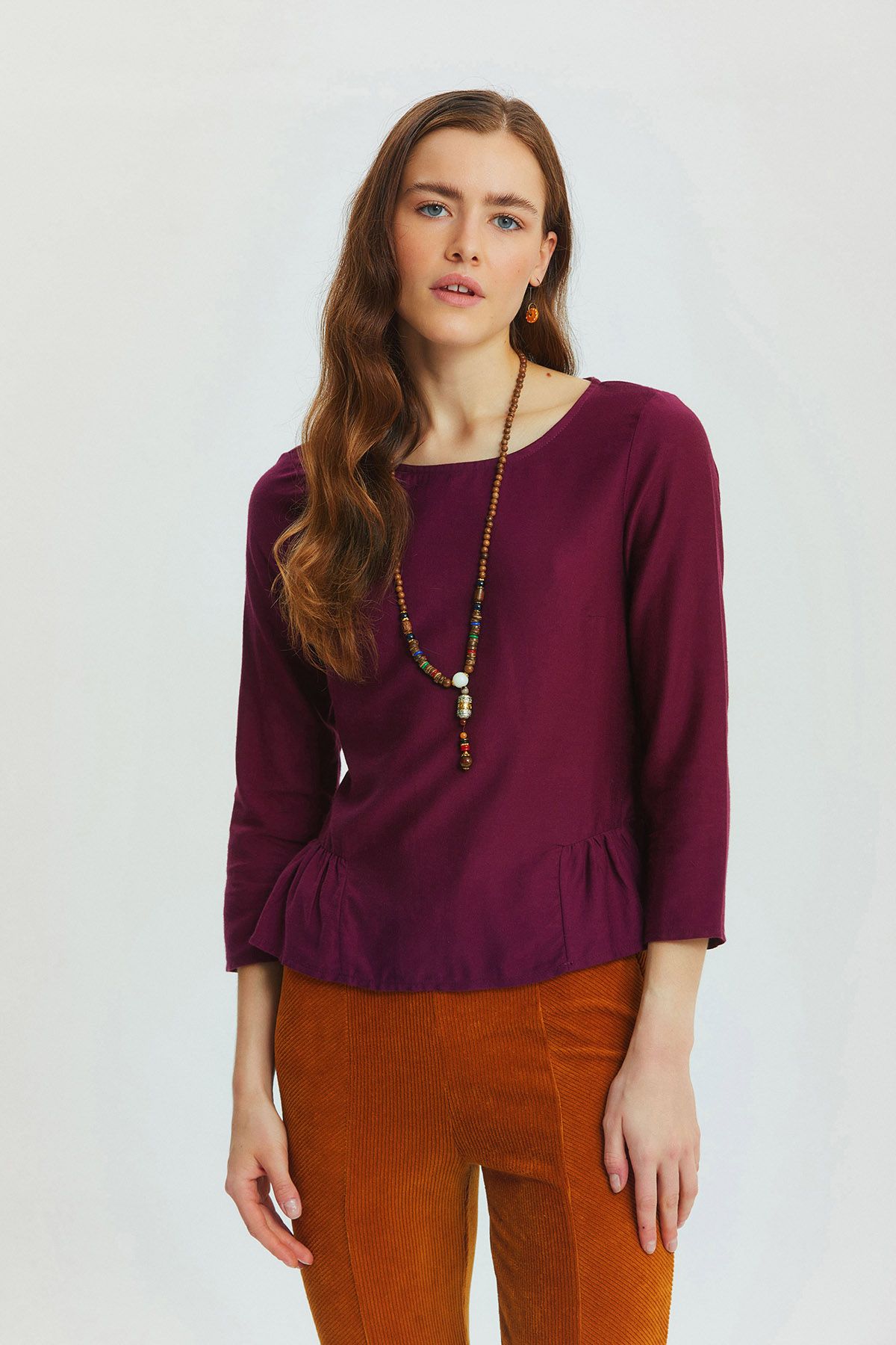 Shirring Detailed Solid Color Blouse Purple